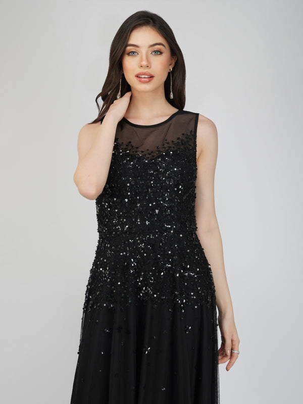Lilith Floral Embellished Maxi Dress in Black