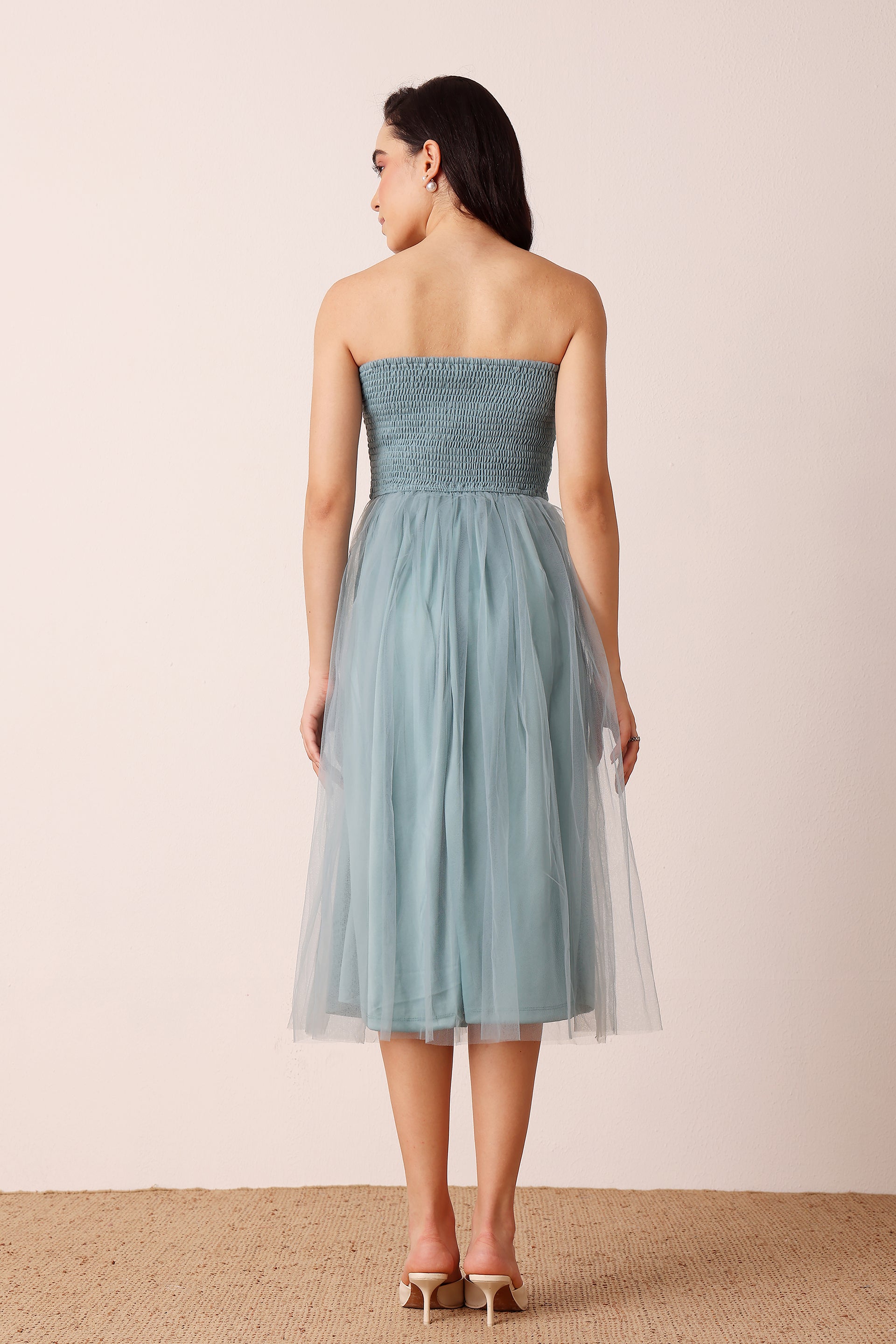 Litzy Tulle Midi Dress in Dusty Blue