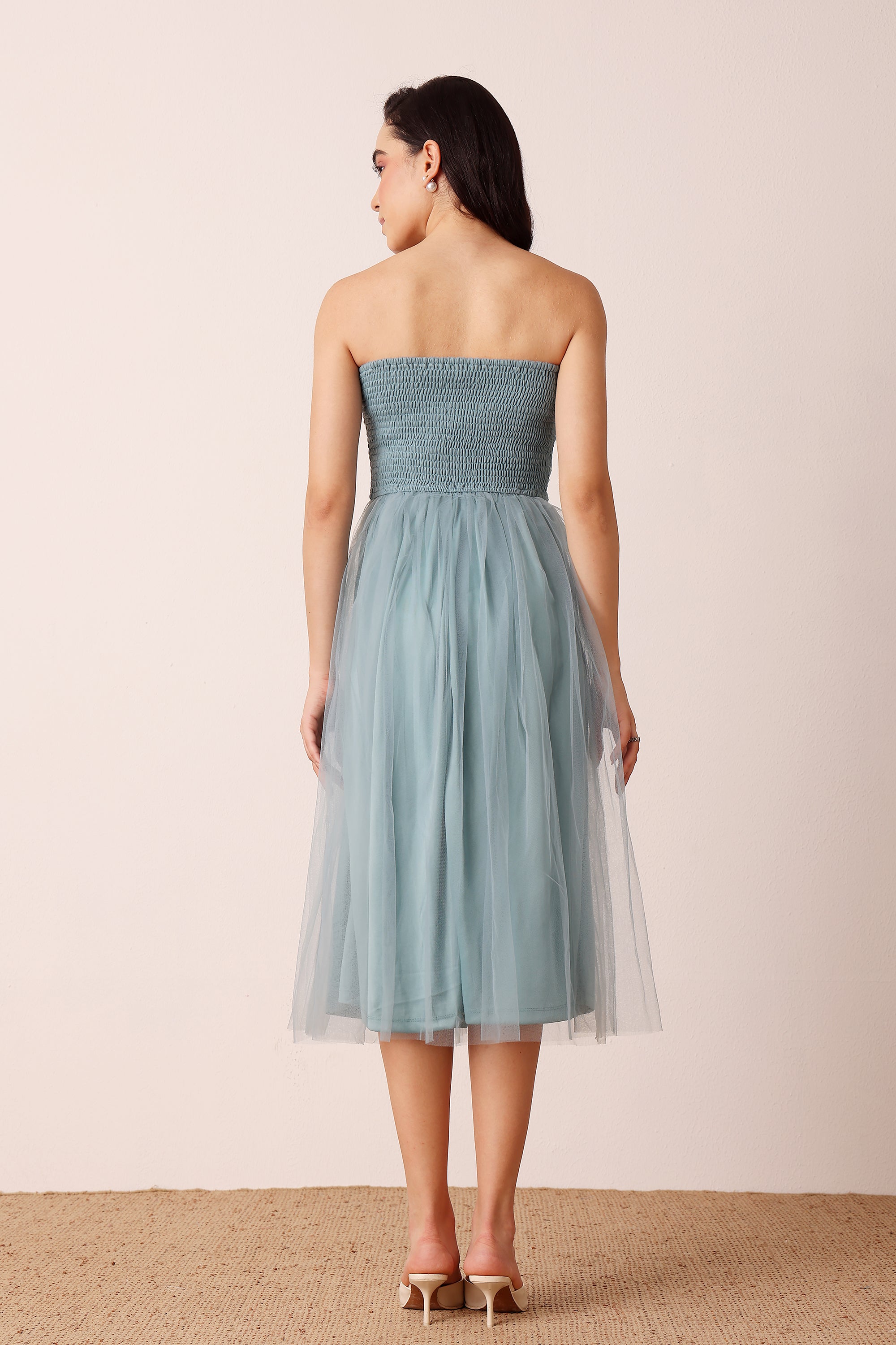 Litzy Tulle Midi Dress in Dusty Blue