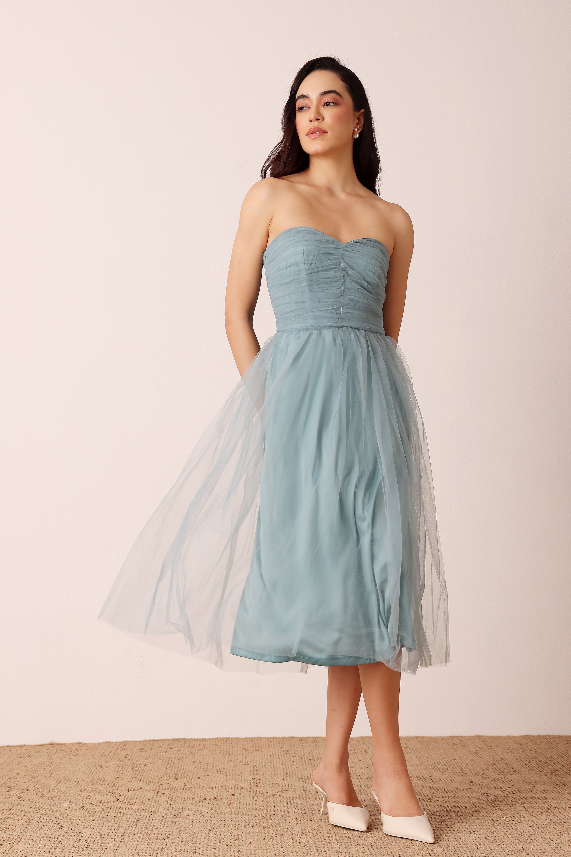 Litzy Tulle Midi Dress in Dusty Blue