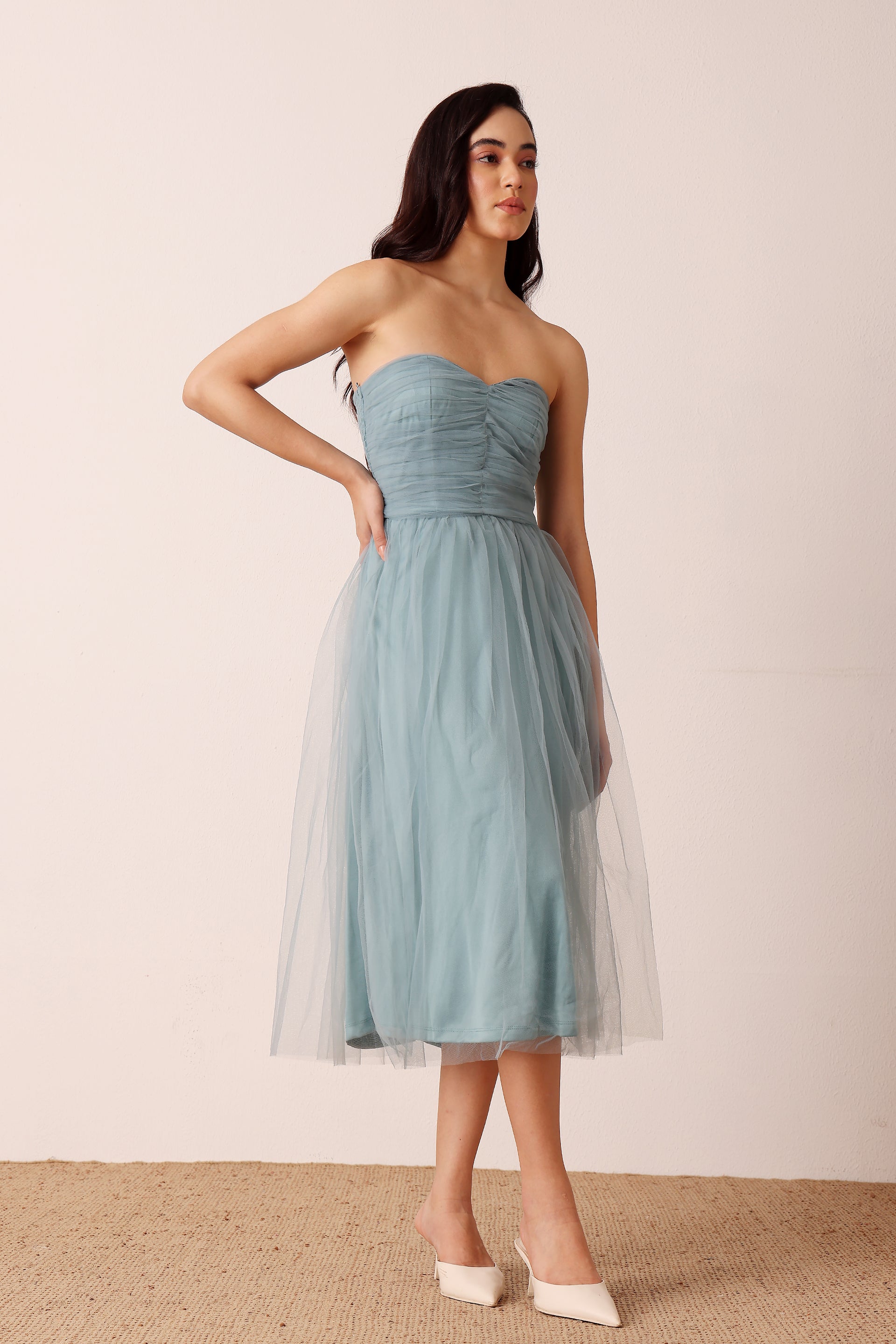 Litzy Tulle Midi Dress in Dusty Blue