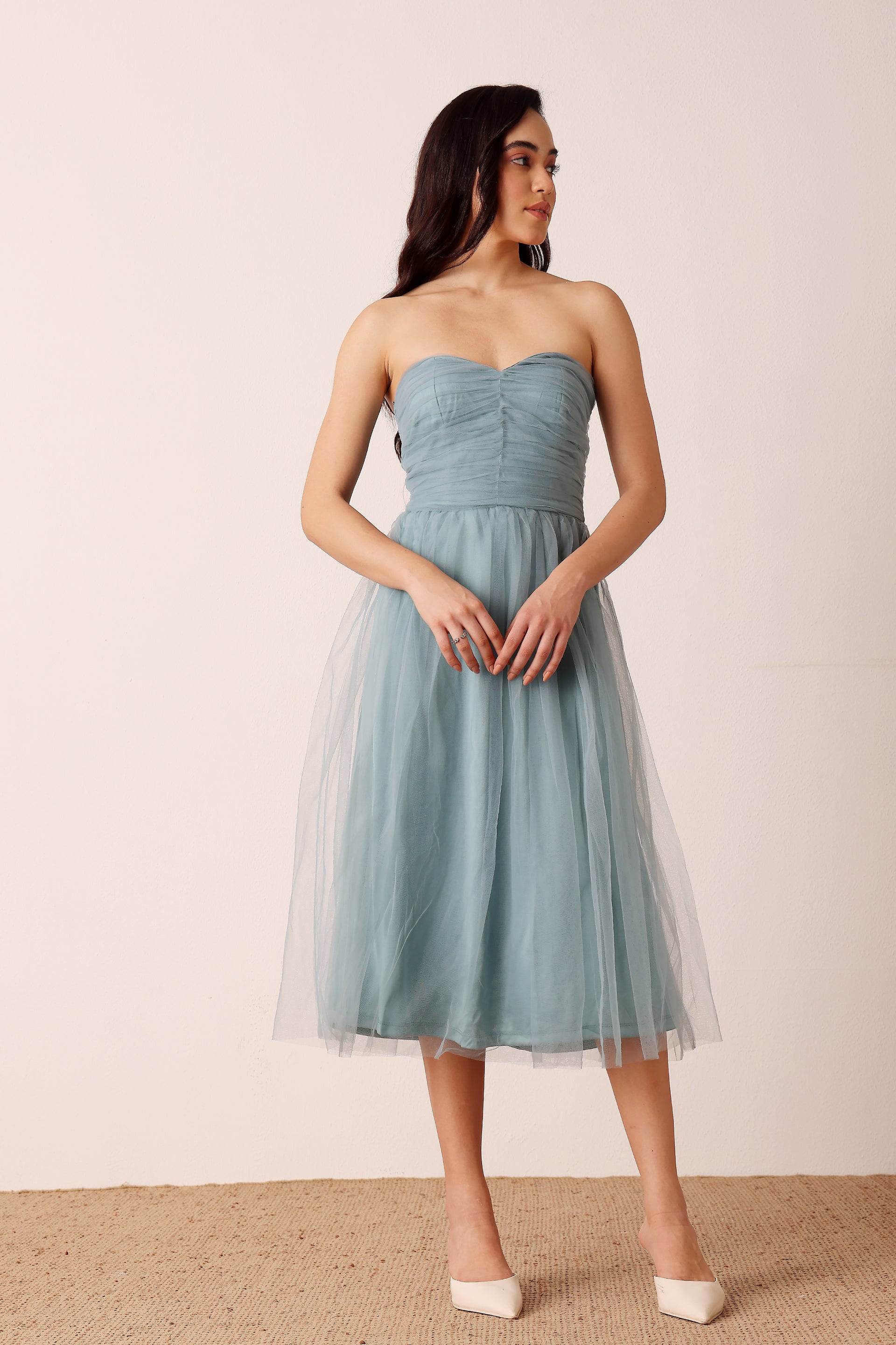 Litzy Tulle Midi Dress in Dusty Blue