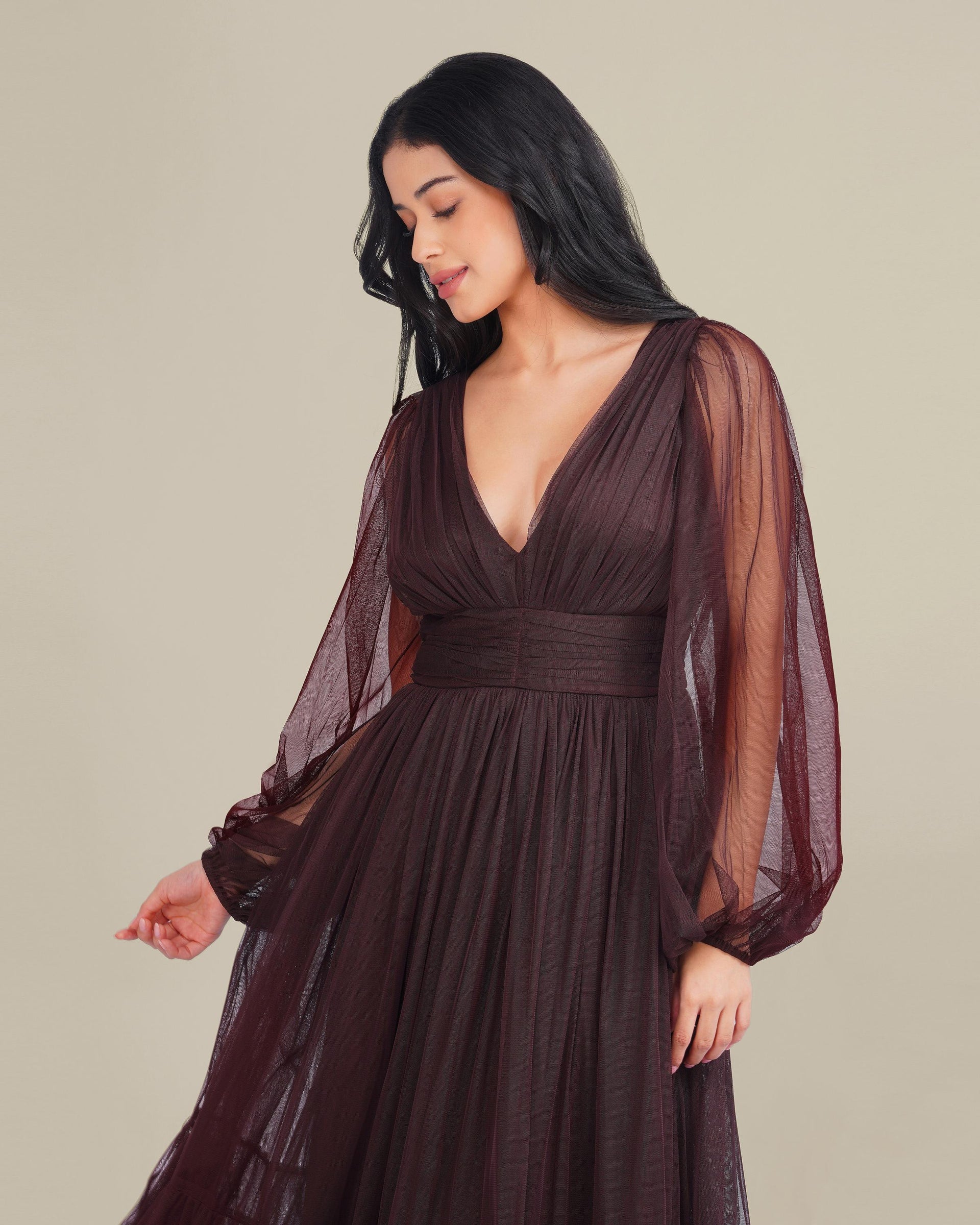 Smocked Long Sleeve Demi Madison Maxi Dress in Chocolate Plum