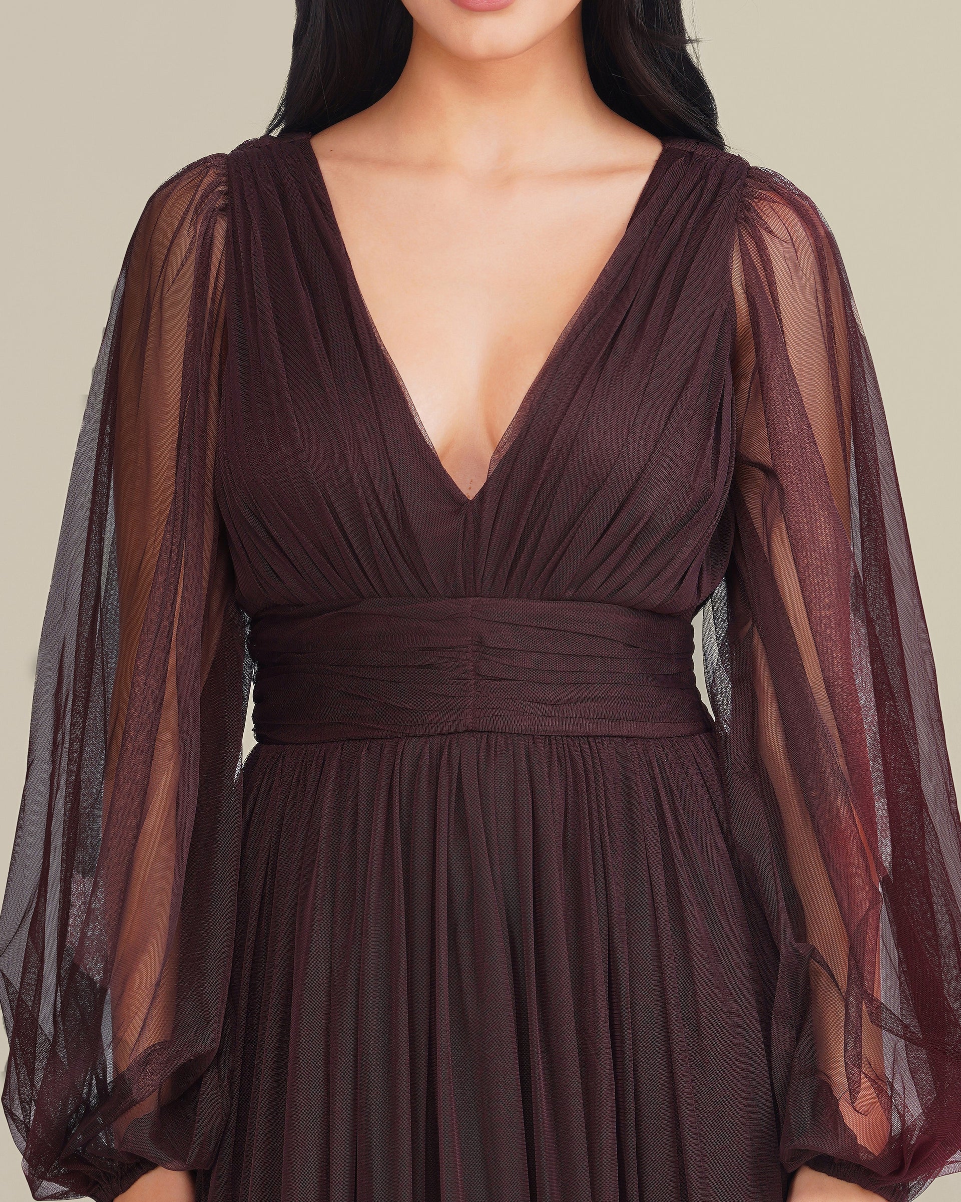 Smocked Long Sleeve Demi Madison Maxi Dress in Chocolate Plum