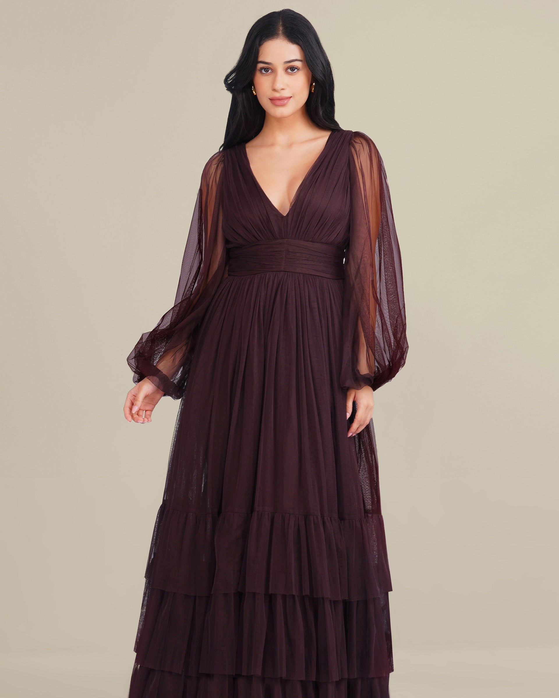 Smocked Long Sleeve Demi Madison Maxi Dress in Chocolate Plum