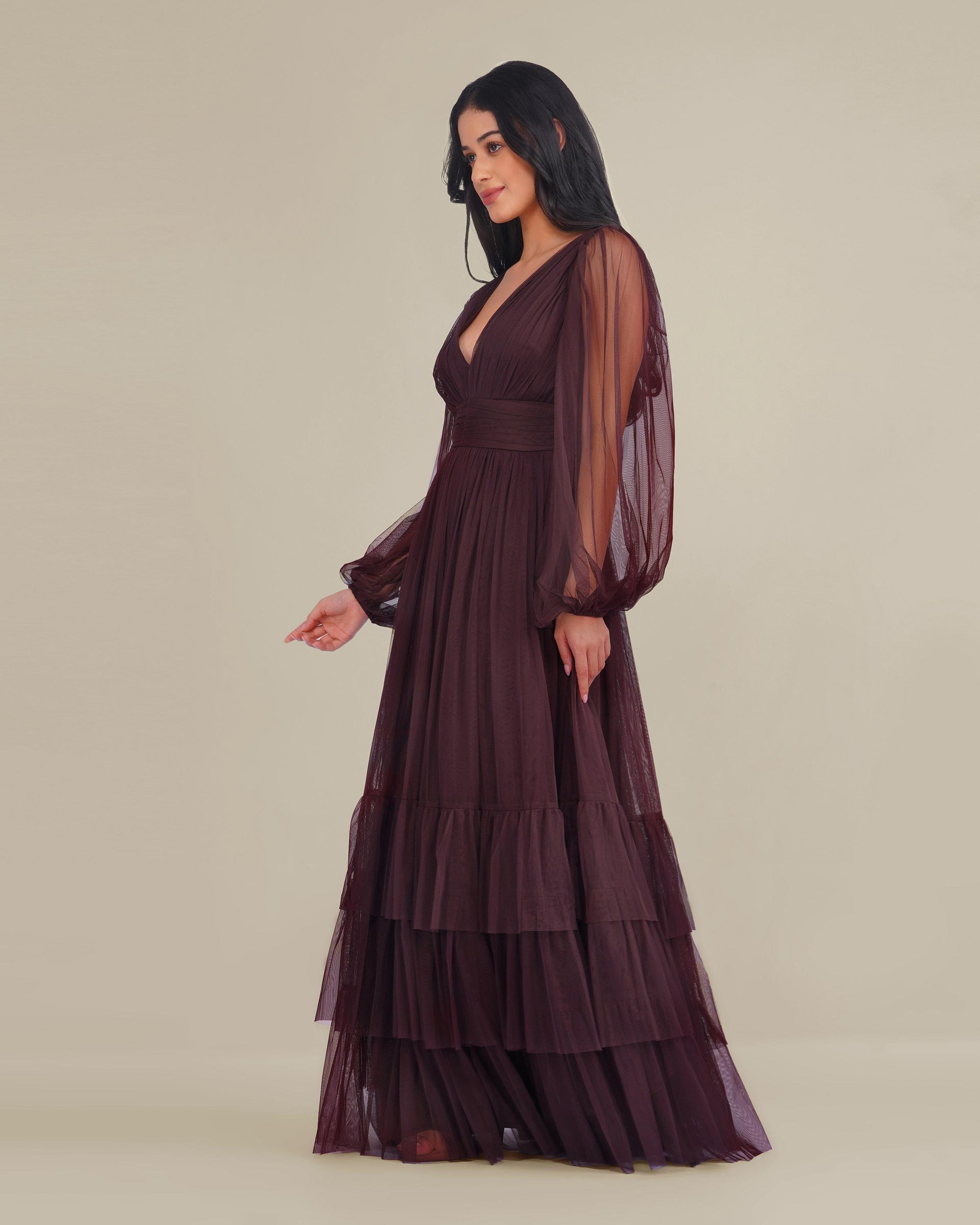 Smocked Long Sleeve Demi Madison Maxi Dress in Chocolate Plum