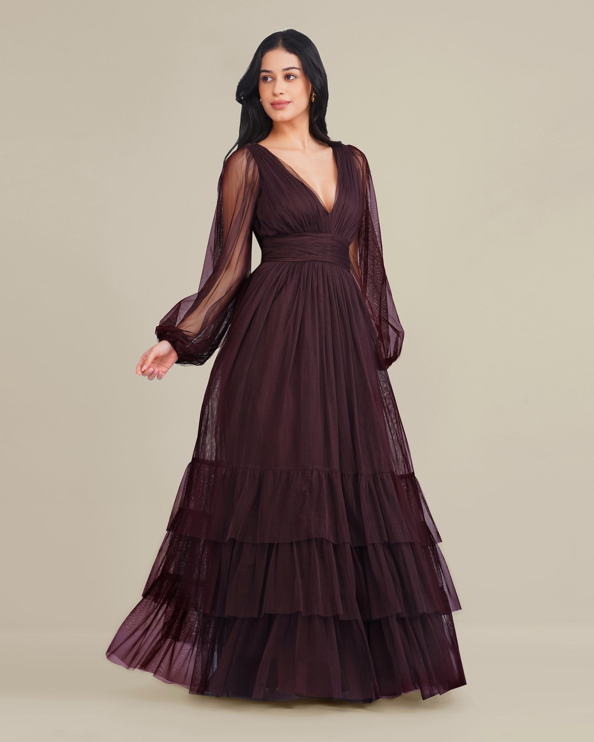 Smocked Long Sleeve Demi Madison Maxi Dress in Chocolate Plum