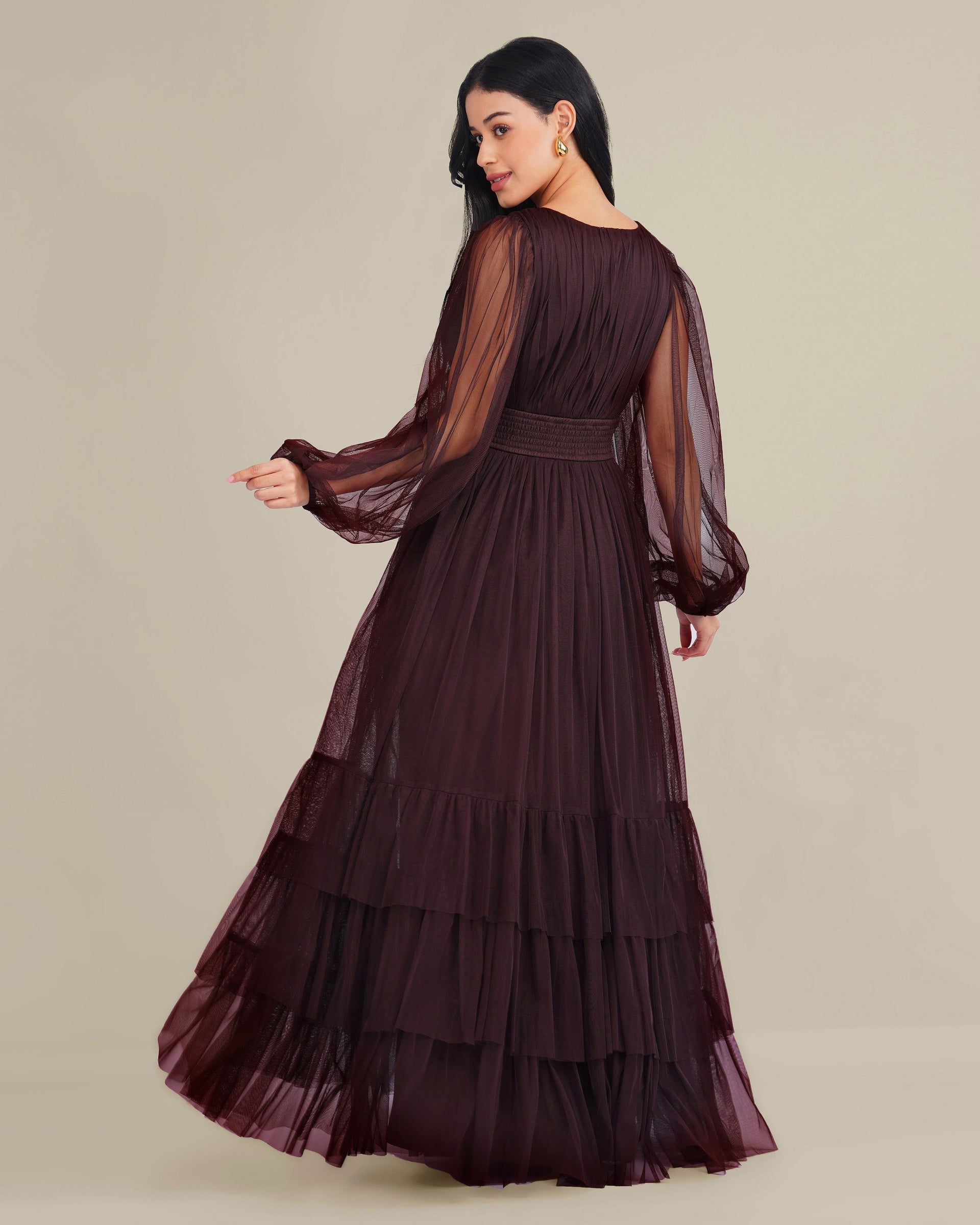 Smocked Long Sleeve Demi Madison Maxi Dress in Chocolate Plum