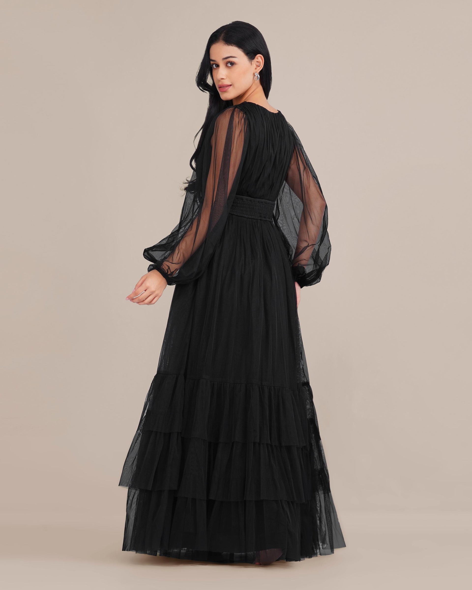 Smocked Long Sleeve Demi Madison Maxi Dress in Black