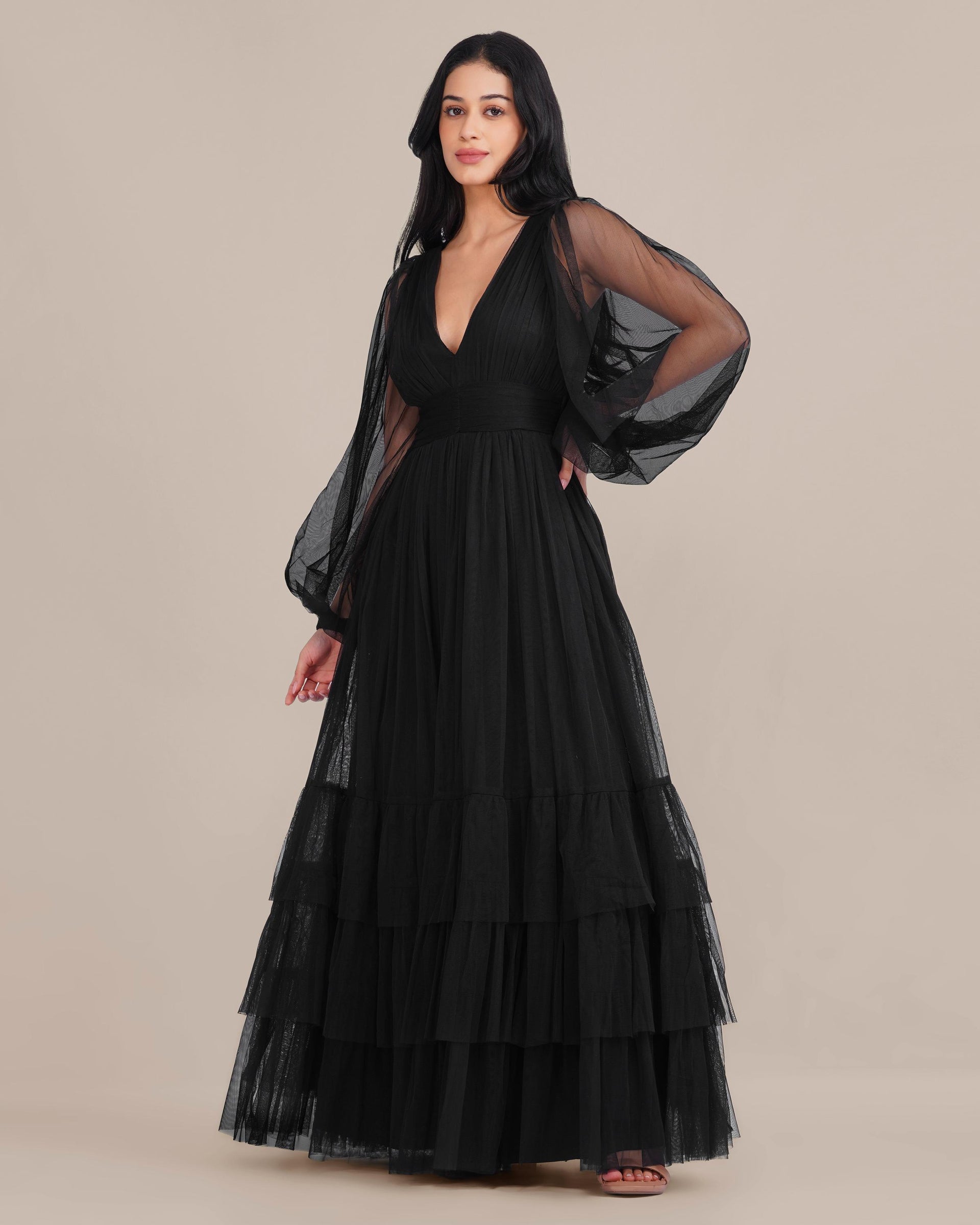 Smocked Long Sleeve Demi Madison Maxi Dress in Black