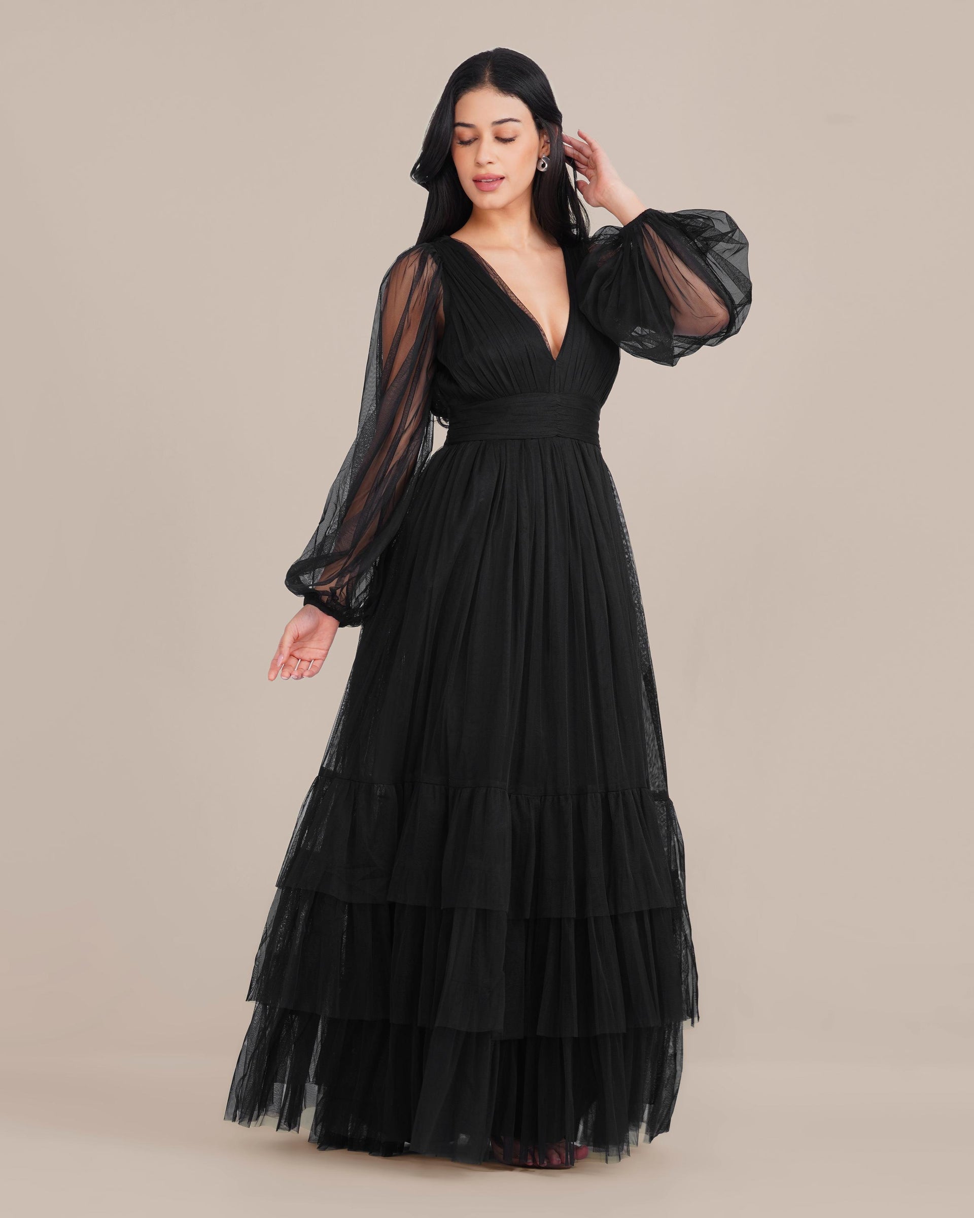 Smocked Long Sleeve Demi Madison Maxi Dress in Black