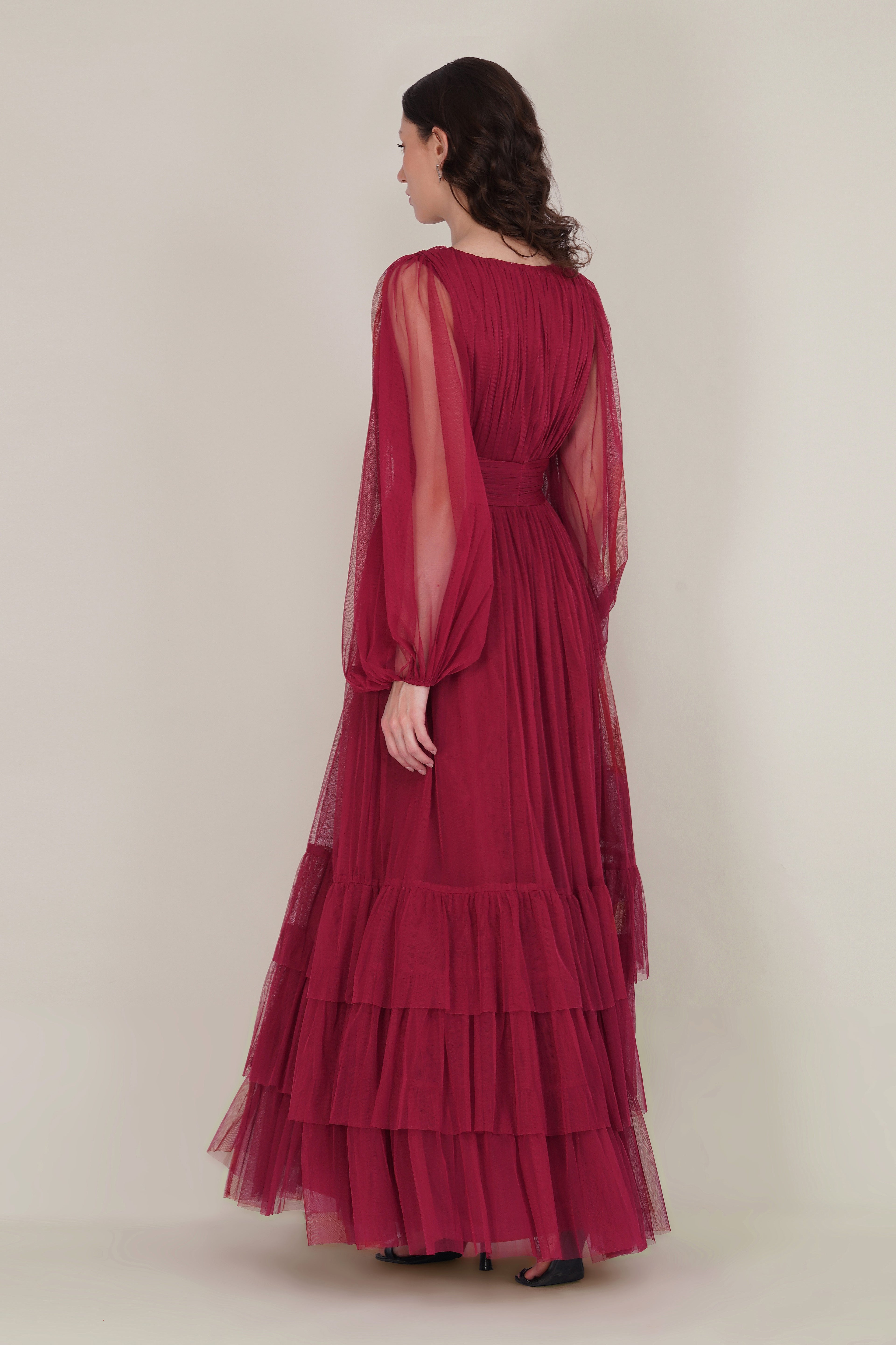 Madison Long Sleeve Tulle Wrap Maxi Dress in Raspberry