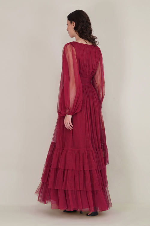 Madison Long Sleeve Tulle Wrap Maxi Dress in Raspberry