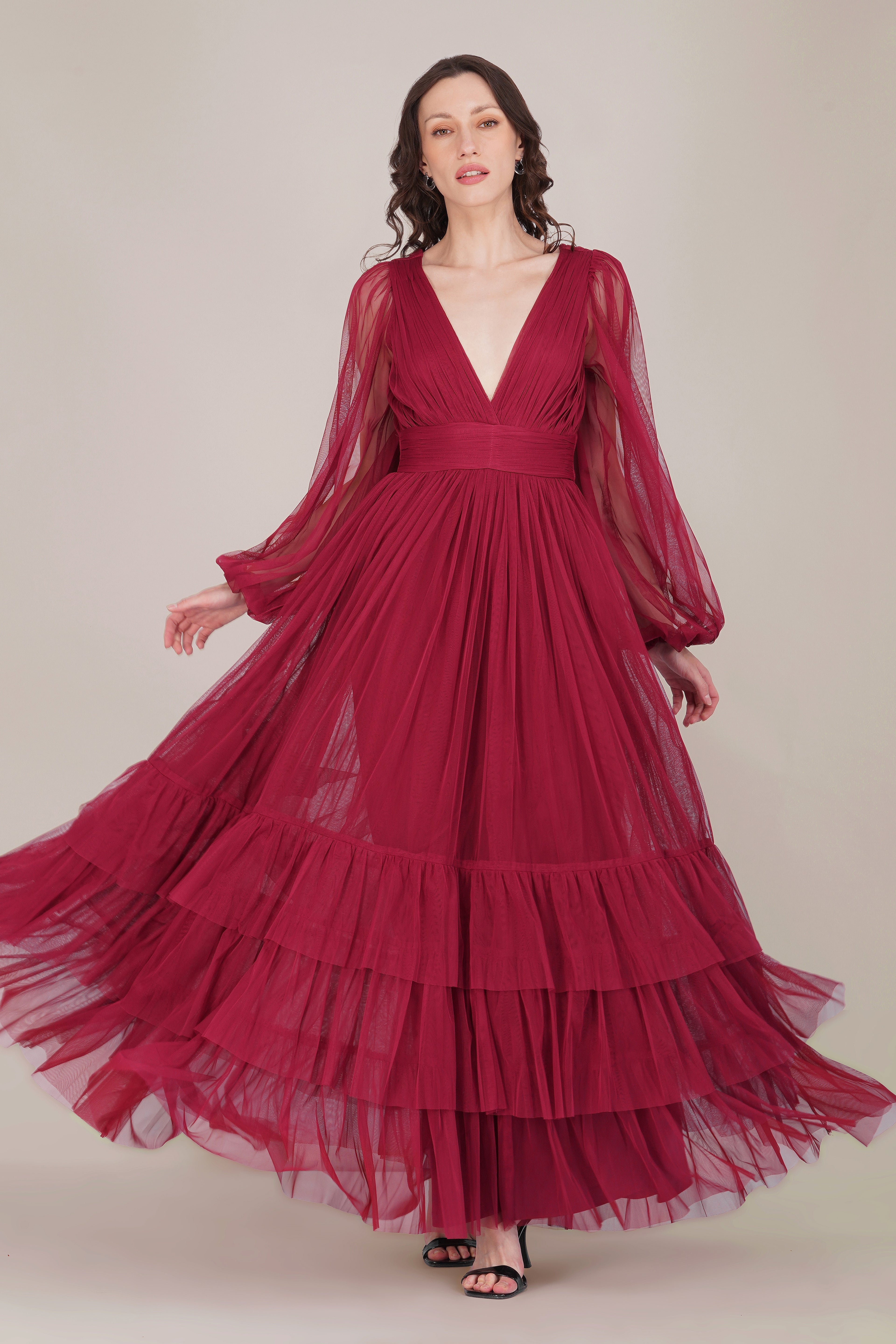 Madison Long Sleeve Tulle Wrap Maxi Dress in Raspberry