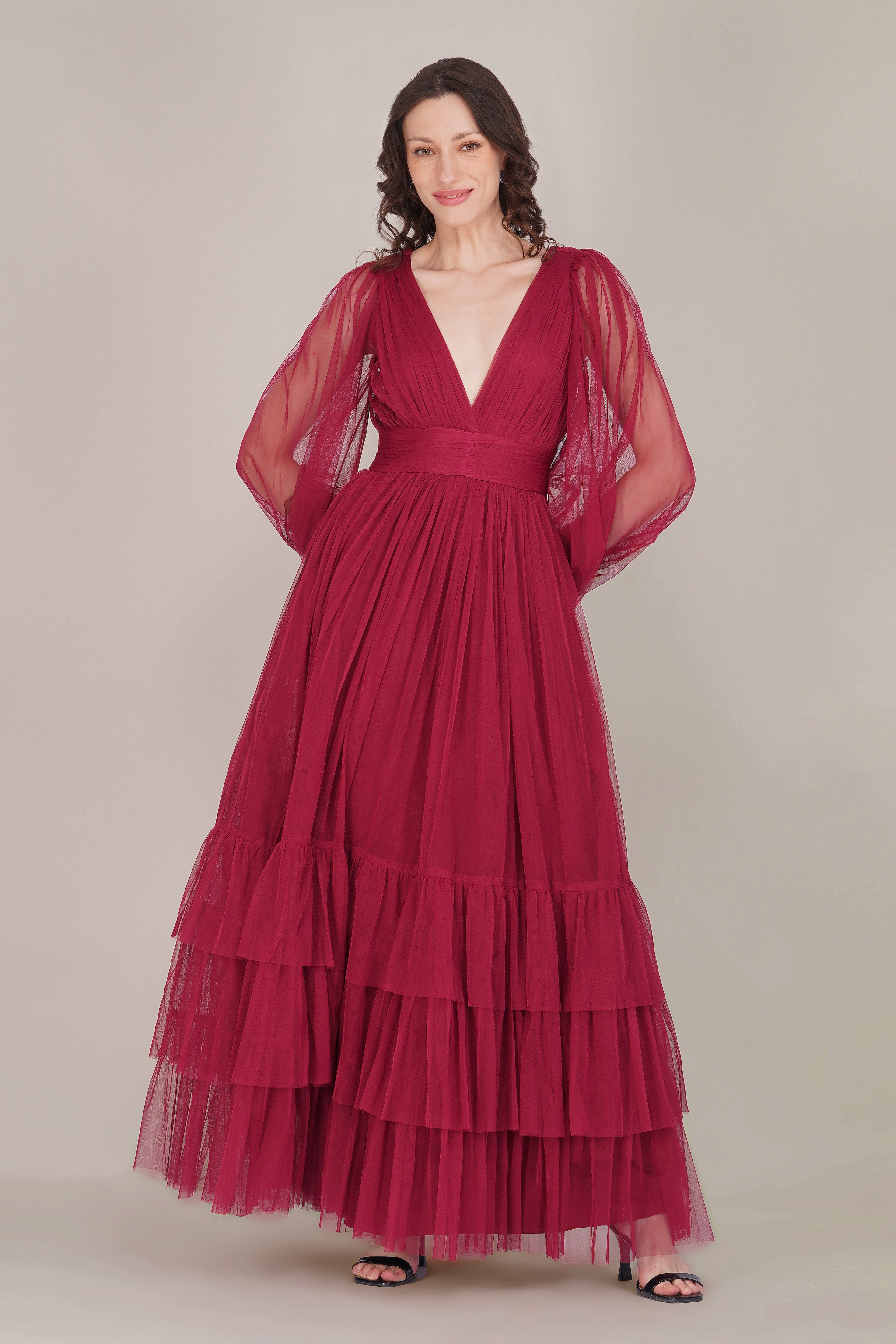 Madison Long Sleeve Tulle Wrap Maxi Dress in Raspberry