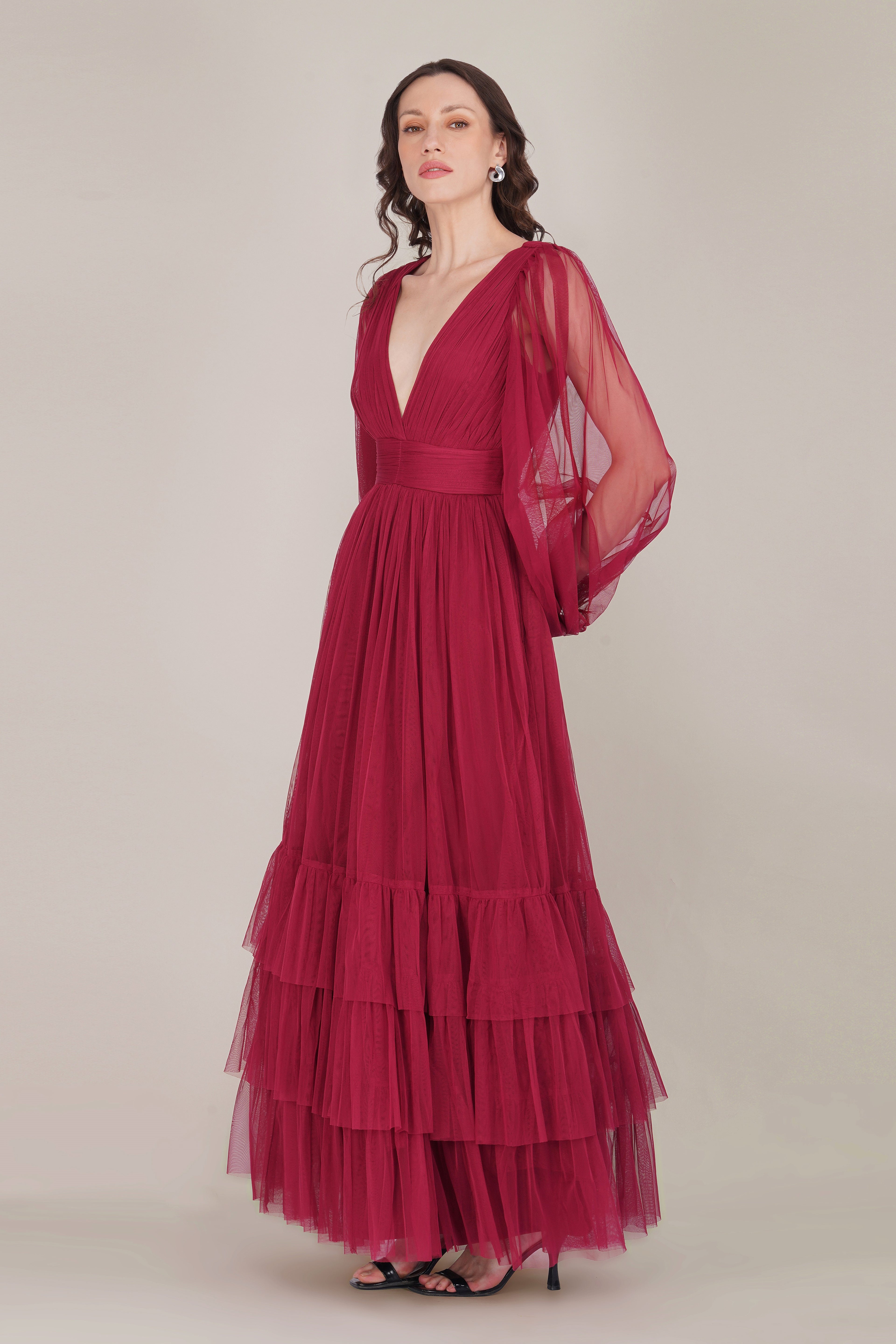 Madison Long Sleeve Tulle Wrap Maxi Dress in Raspberry