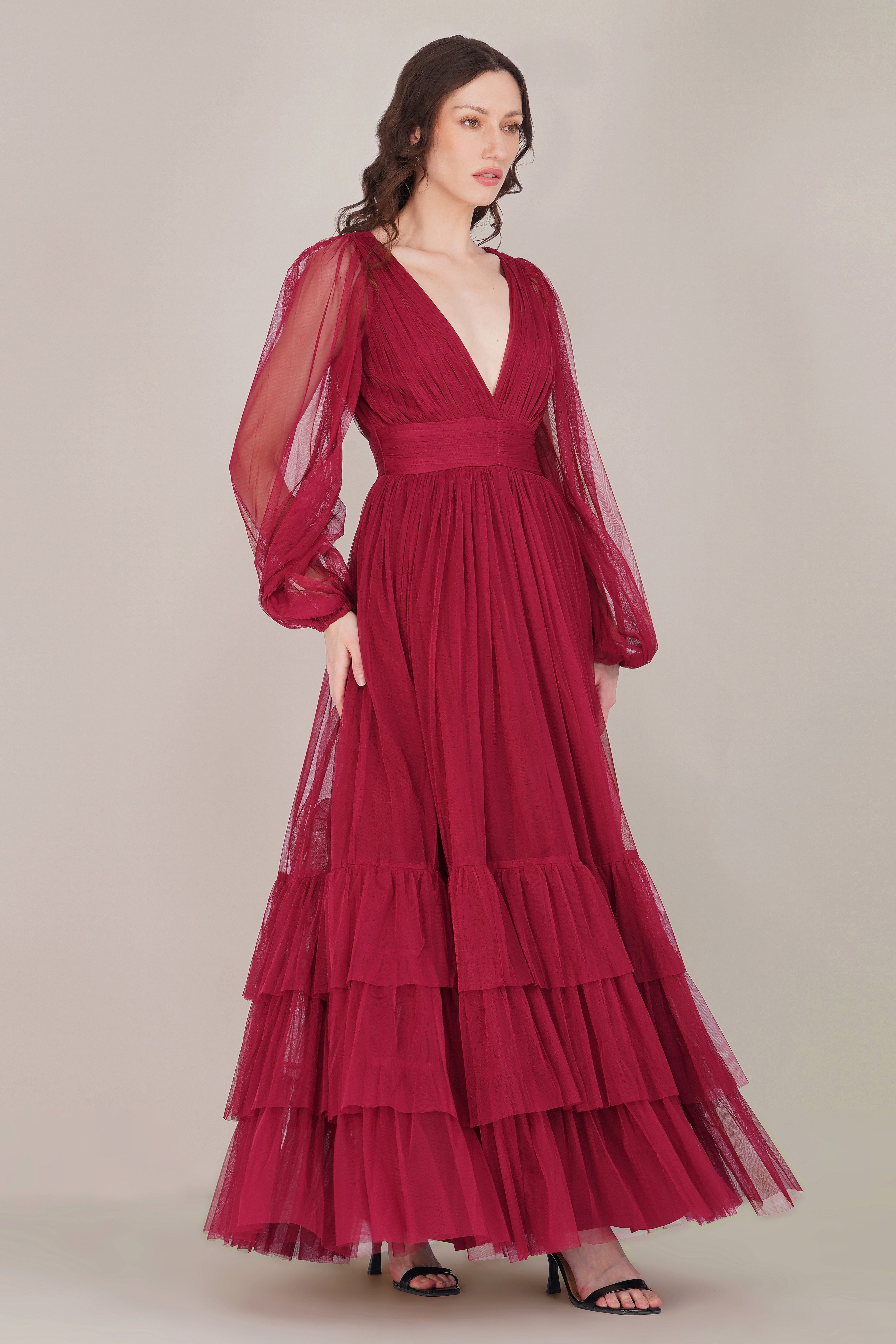 Madison Long Sleeve Tulle Wrap Maxi Dress in Raspberry