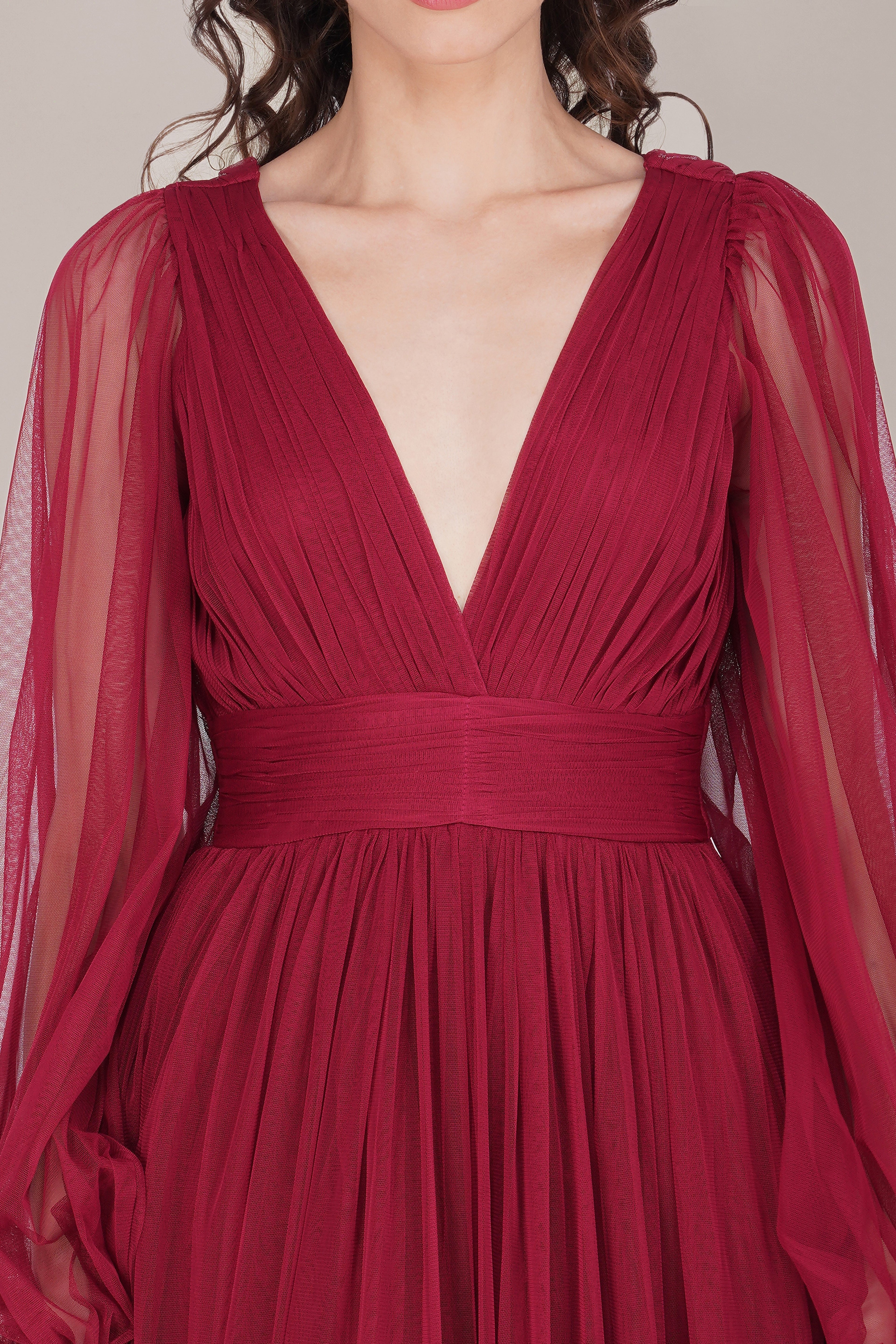 Madison Long Sleeve Tulle Wrap Maxi Dress in Raspberry