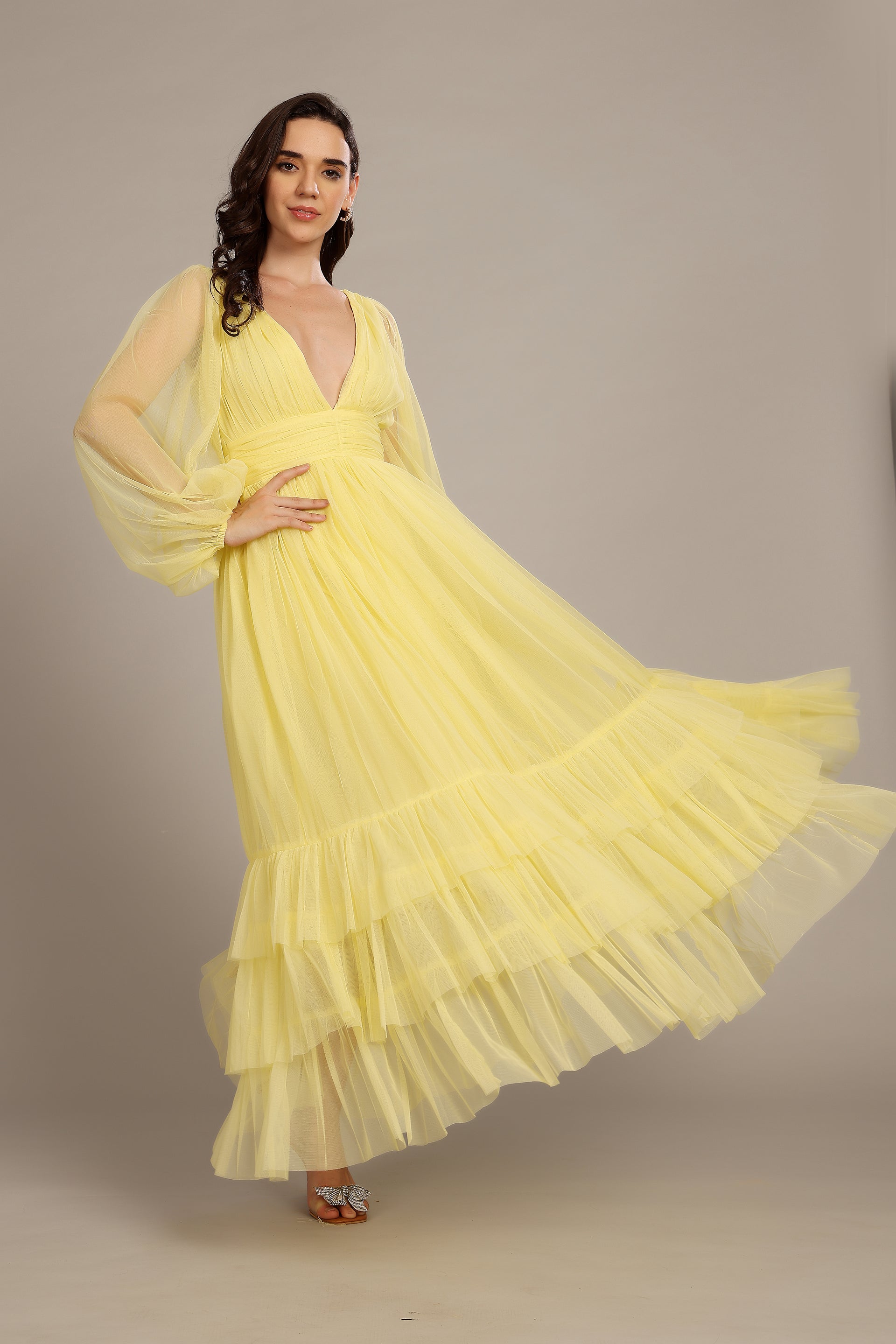 Madison Long Sleeve Tulle Maxi Dress in Buttercup