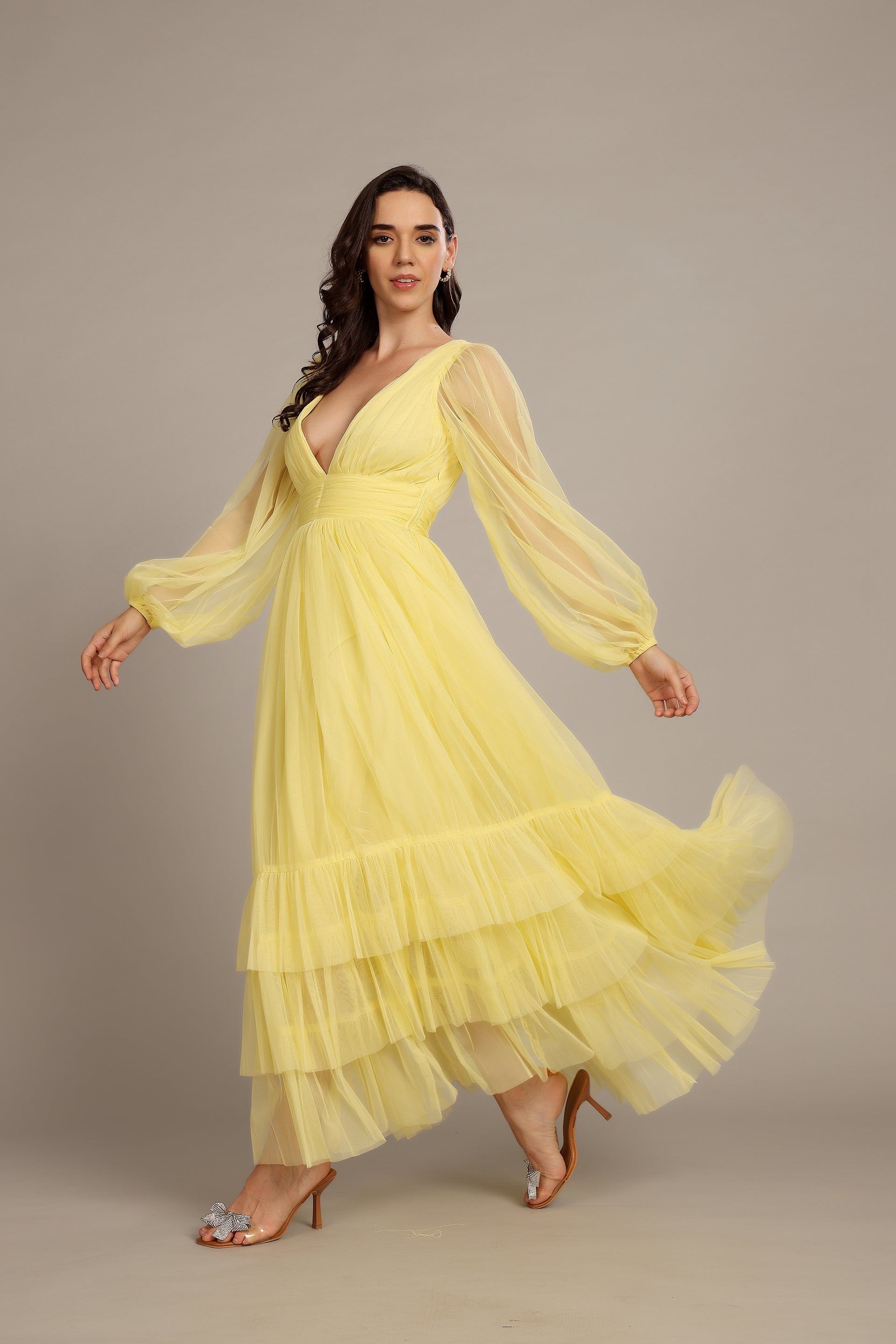 Madison Long Sleeve Tulle Maxi Dress in Buttercup