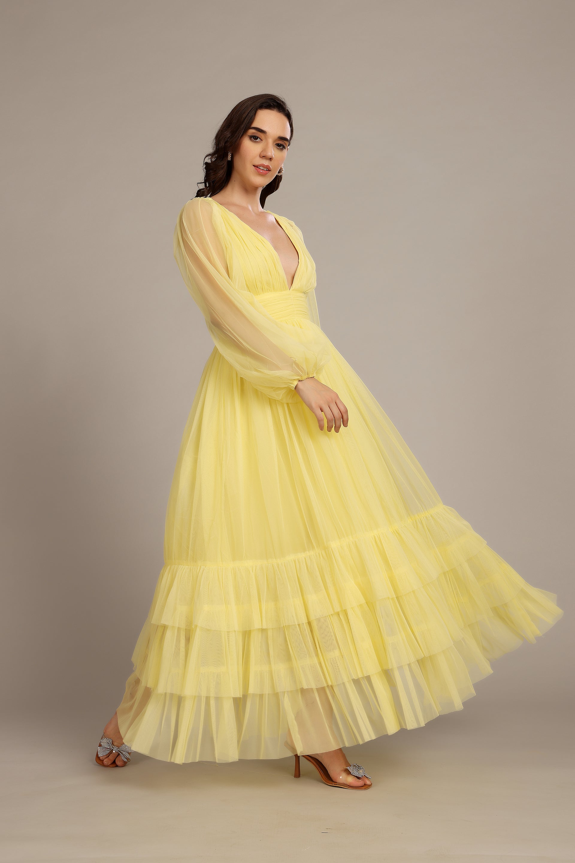 Madison Long Sleeve Tulle Maxi Dress in Buttercup