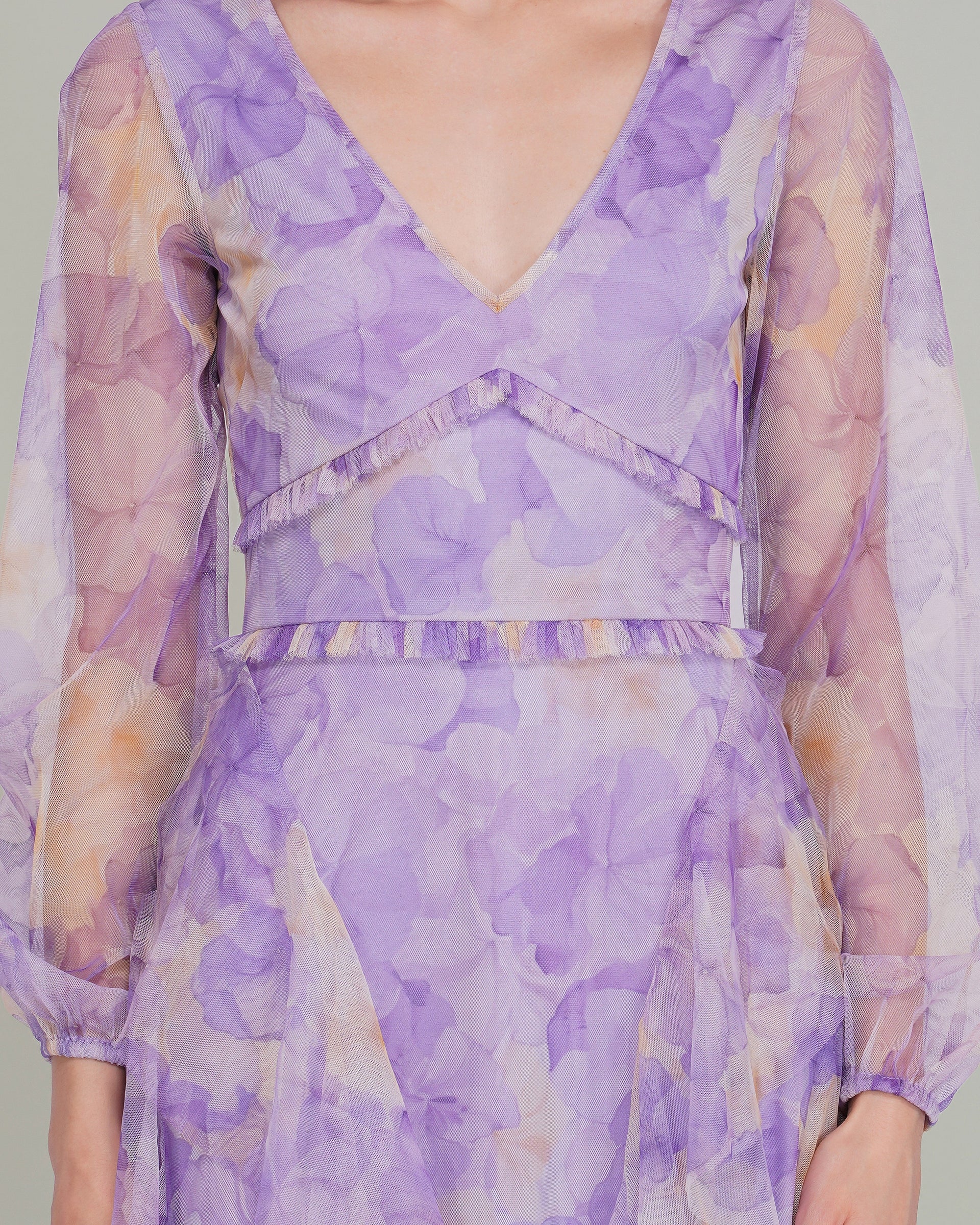Long Sleeve Malin Tulle Maxi Dress in Blown Up Lilac Floral