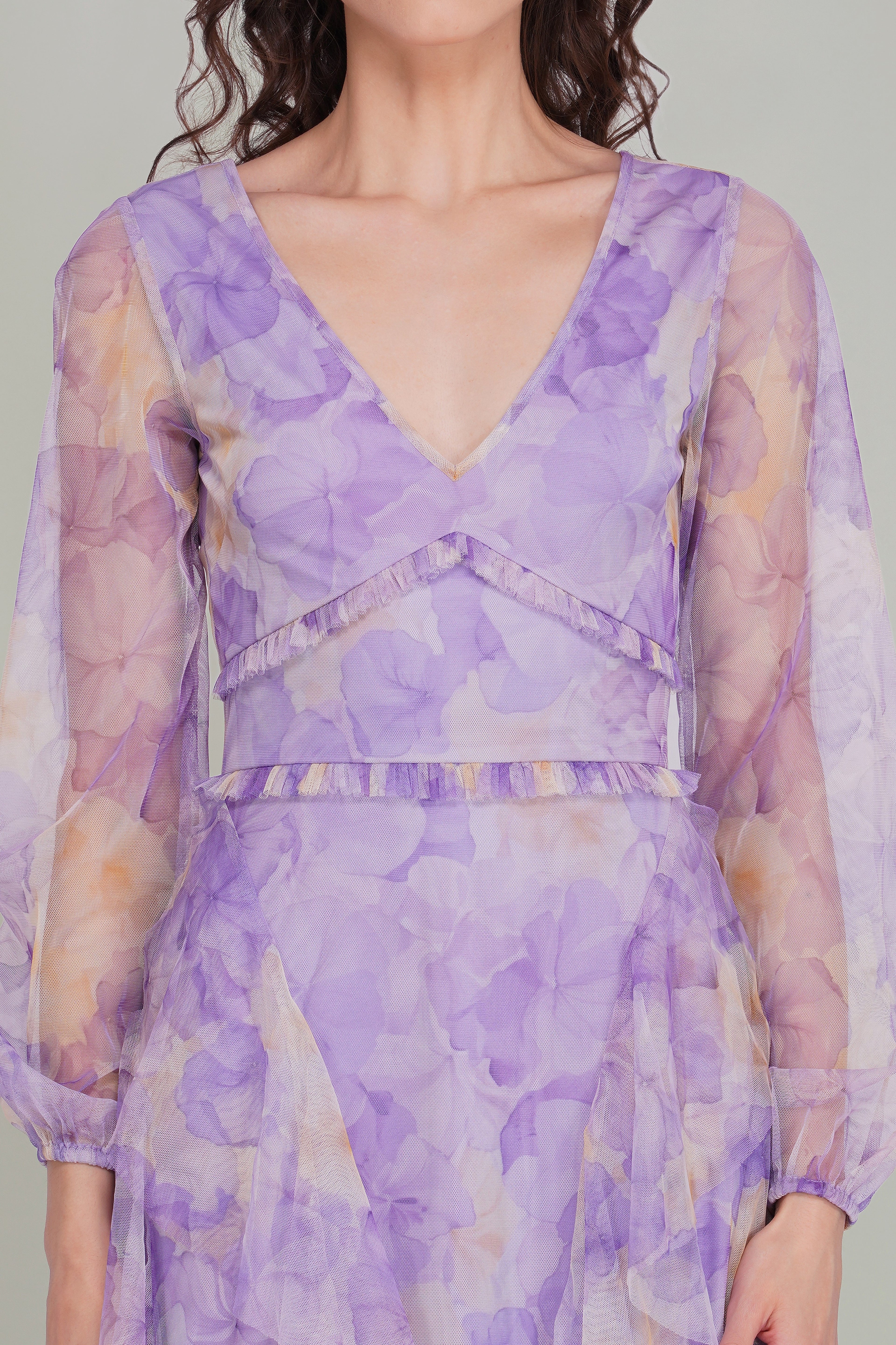 Long Sleeve Malin Tulle Maxi Dress in Blown Up Lilac Floral