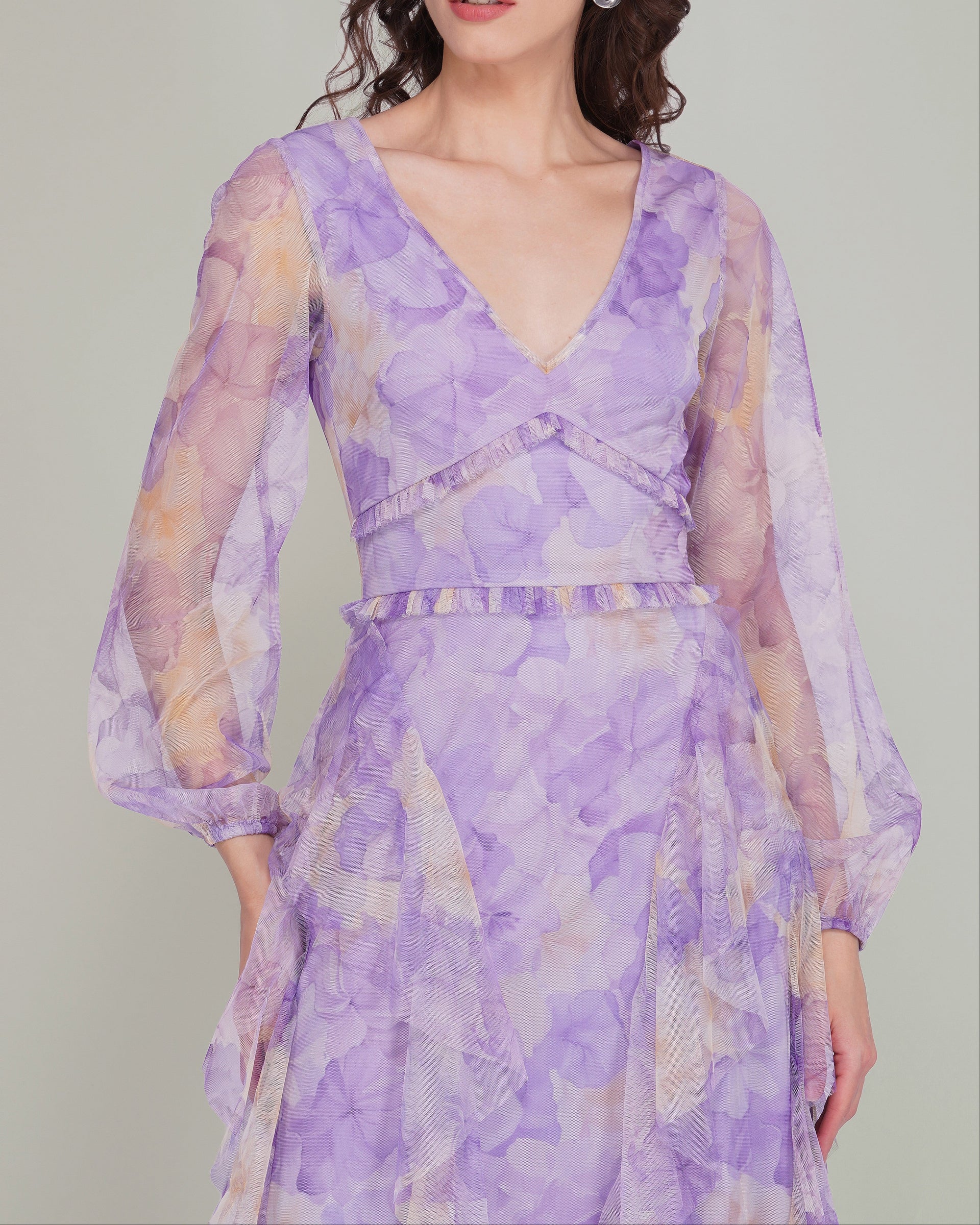 Long Sleeve Malin Tulle Maxi Dress in Blown Up Lilac Floral