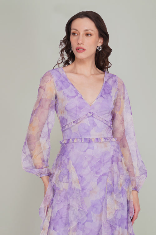 Long Sleeve Malin Tulle Maxi Dress in Blown Up Lilac Floral