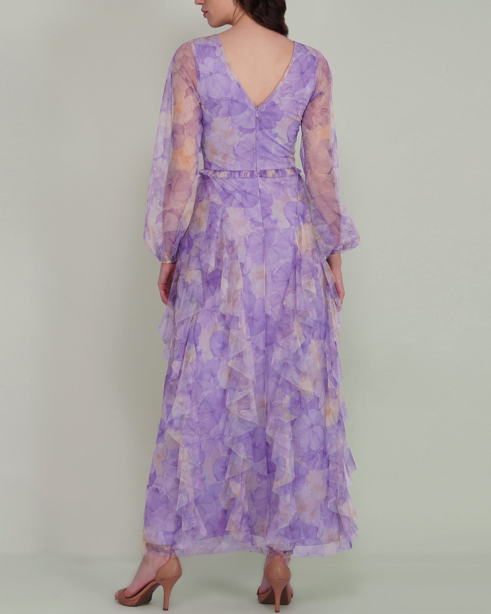 Long Sleeve Malin Tulle Maxi Dress in Blown Up Lilac Floral