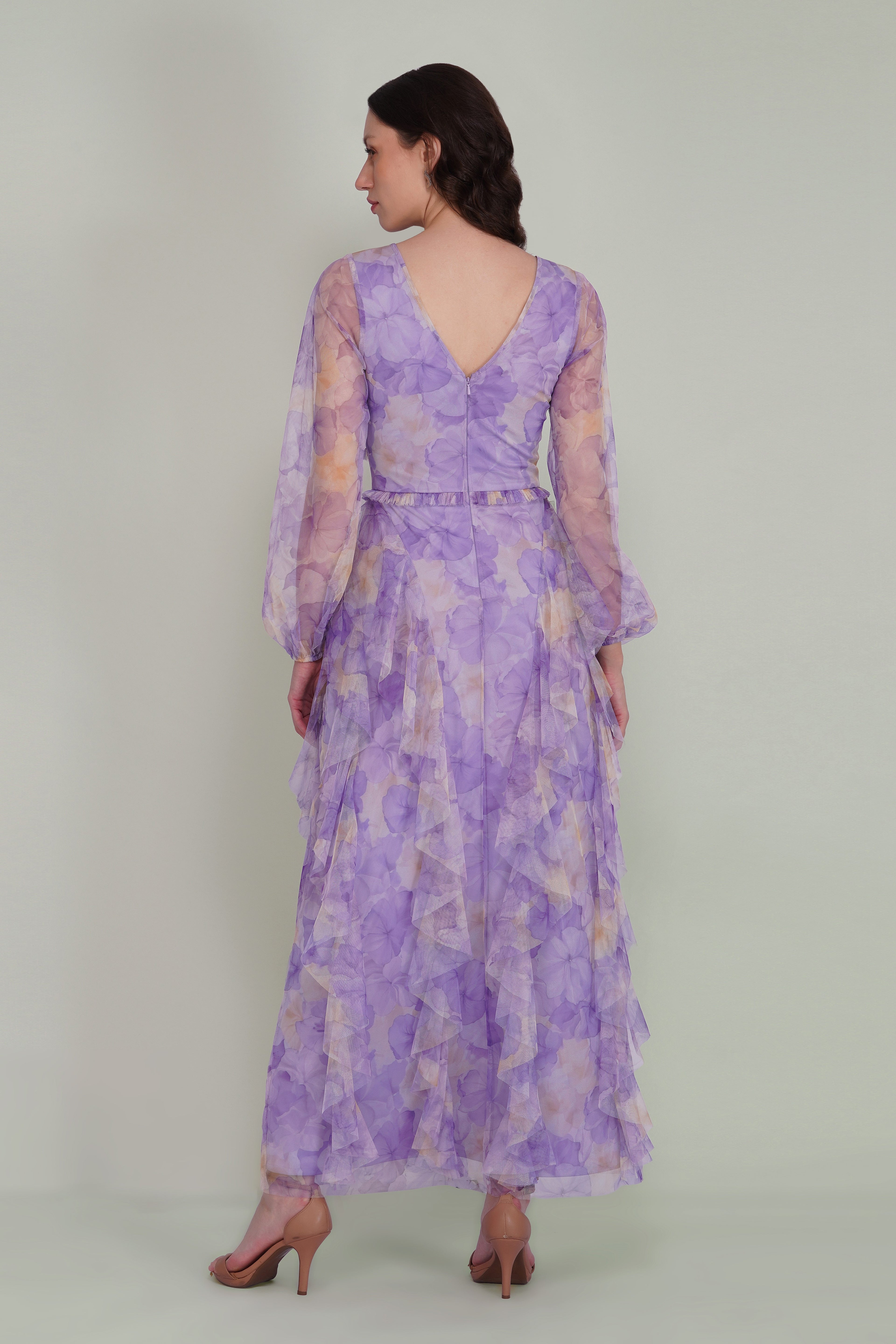Long Sleeve Malin Tulle Maxi Dress in Blown Up Lilac Floral