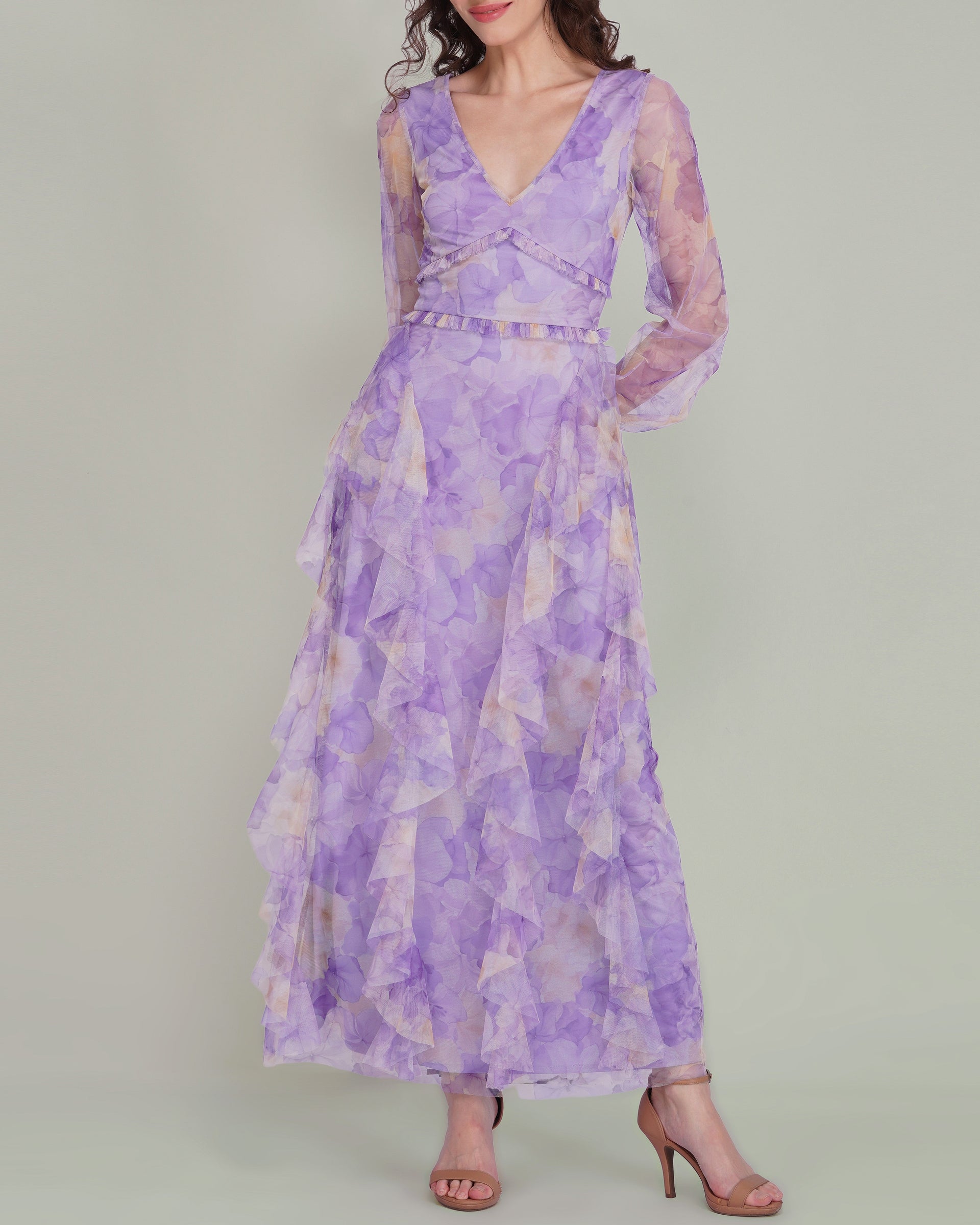 Long Sleeve Malin Tulle Maxi Dress in Blown Up Lilac Floral