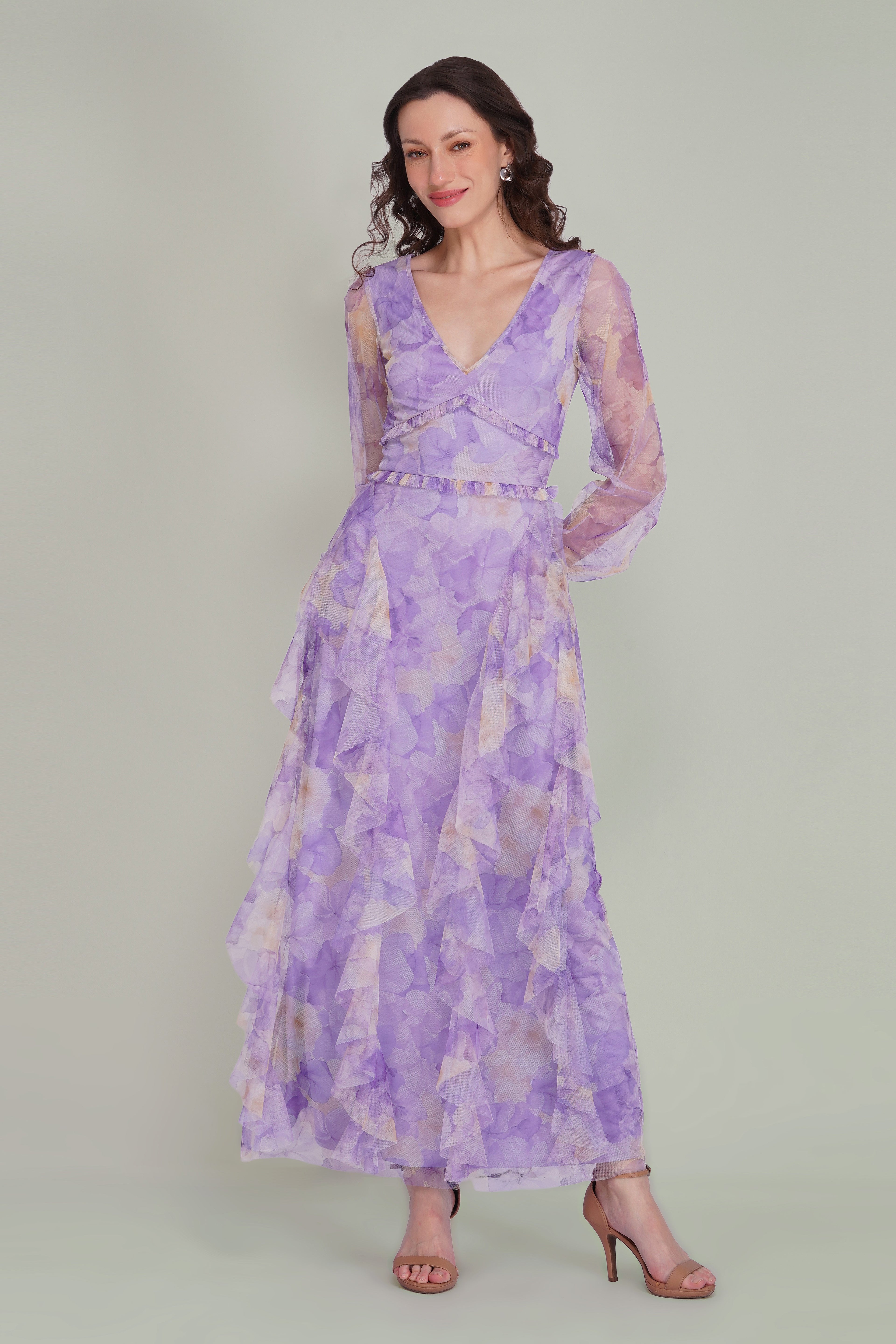 Long Sleeve Malin Tulle Maxi Dress in Blown Up Lilac Floral