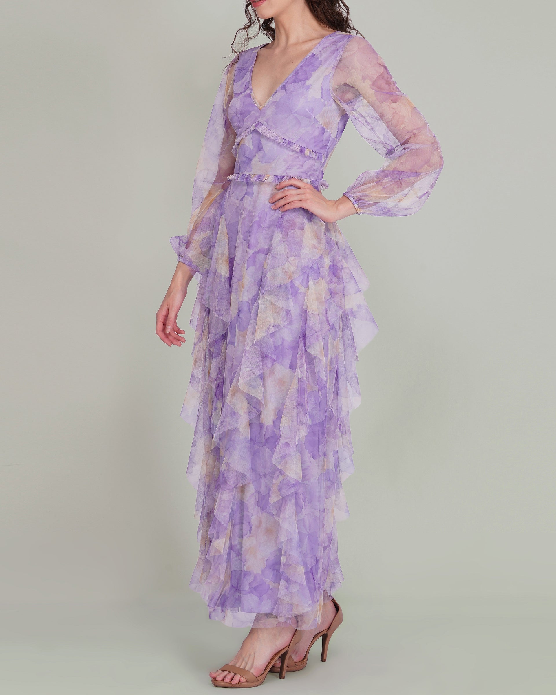 Long Sleeve Malin Tulle Maxi Dress in Blown Up Lilac Floral