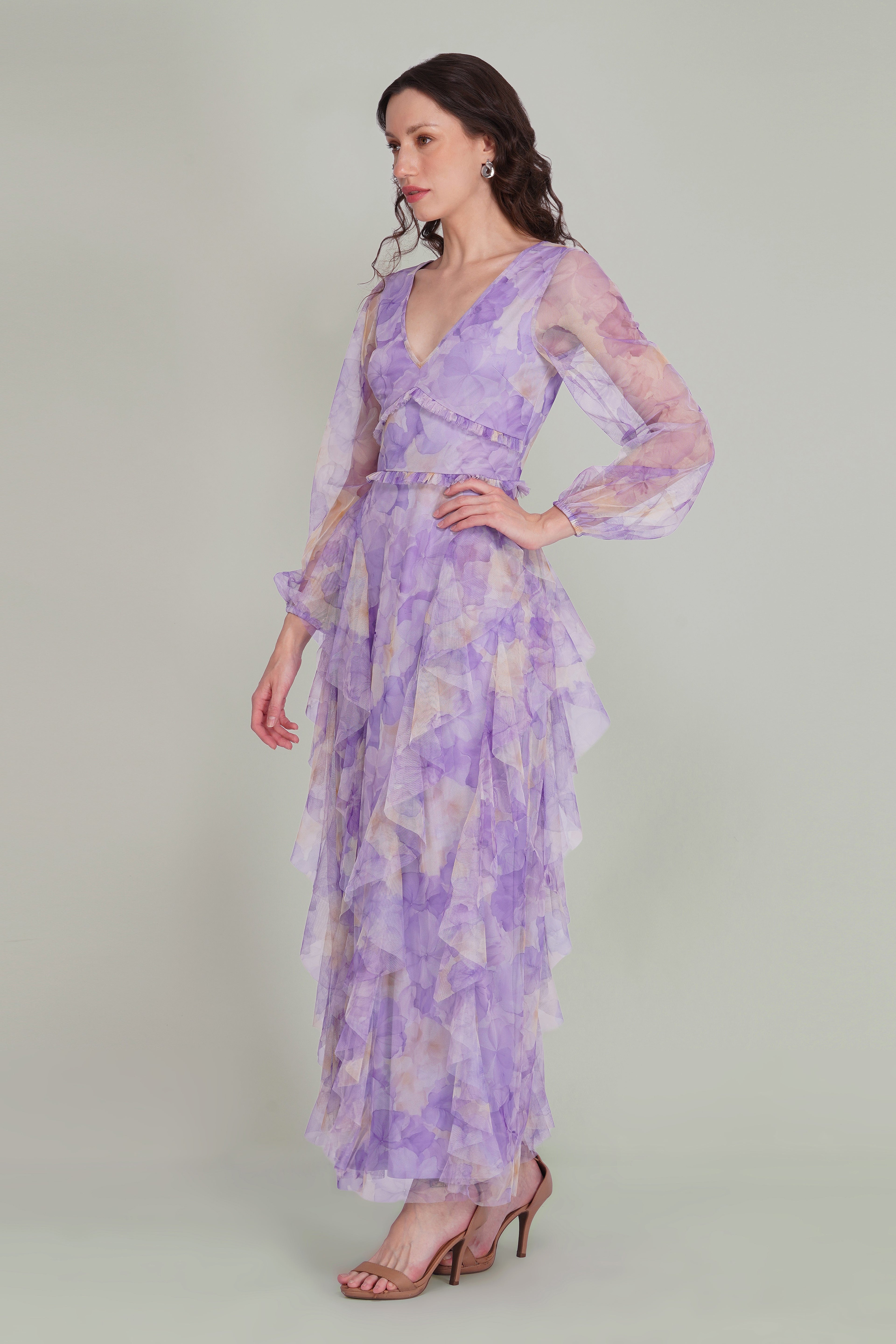 Long Sleeve Malin Tulle Maxi Dress in Blown Up Lilac Floral