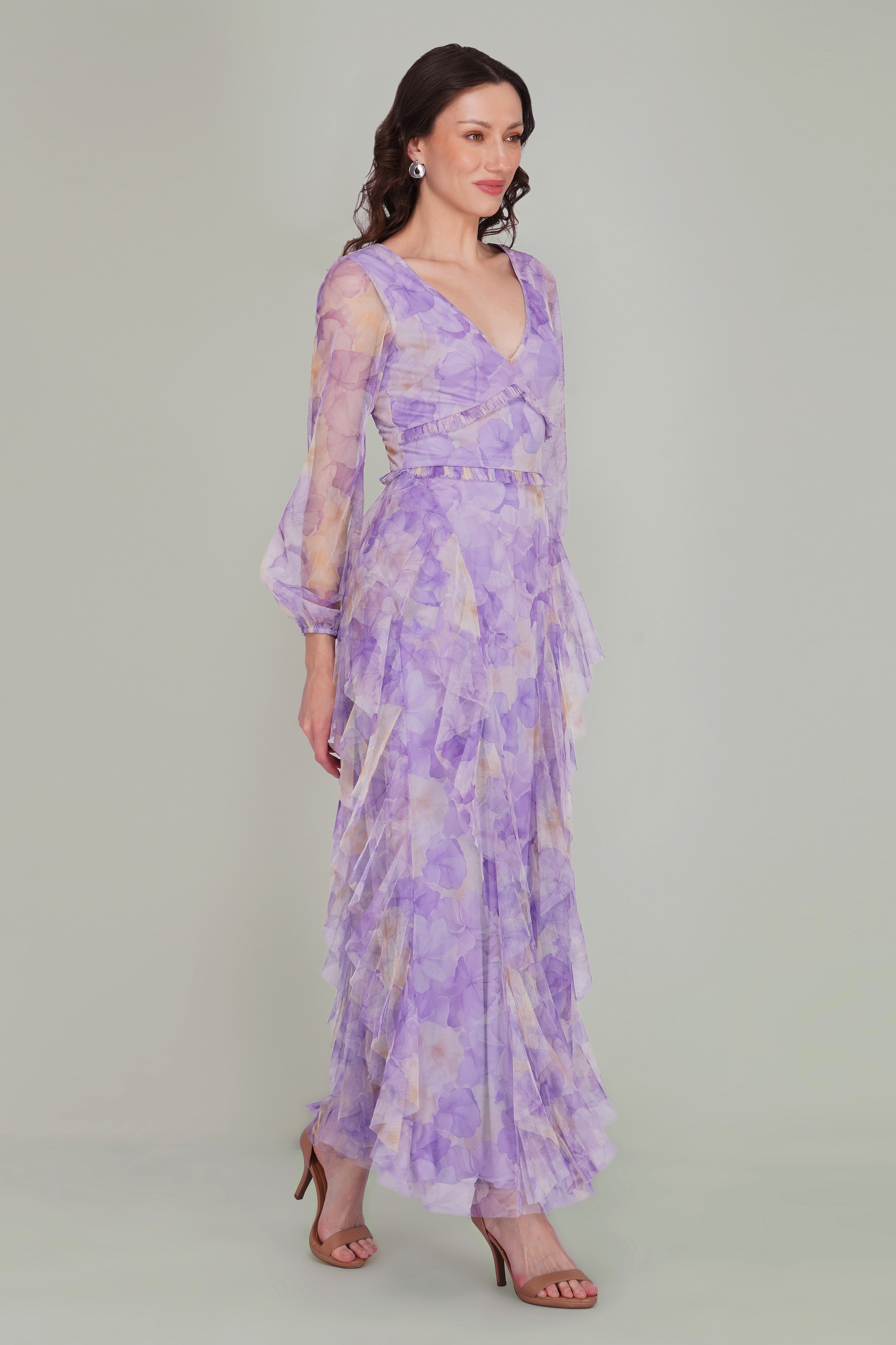 Long Sleeve Malin Tulle Maxi Dress in Blown Up Lilac Floral
