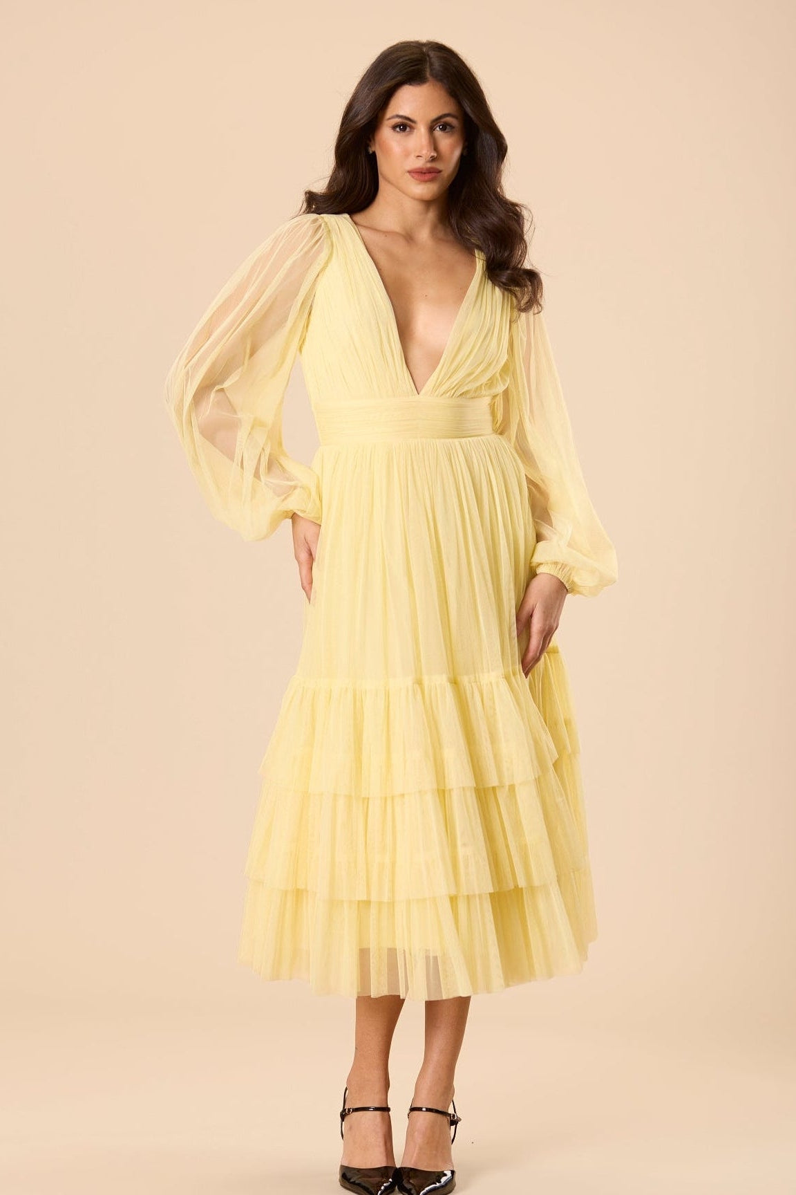 Bridesmaid long sleeve plunging tulle mesh midi dress wedding guest yellow buttercup lemon