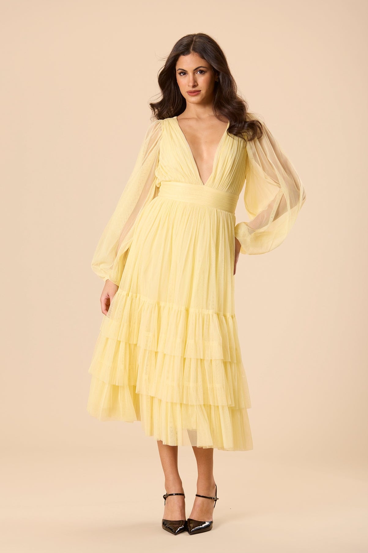 Madison Long Sleeve Tulle Midi Dress in Buttercup