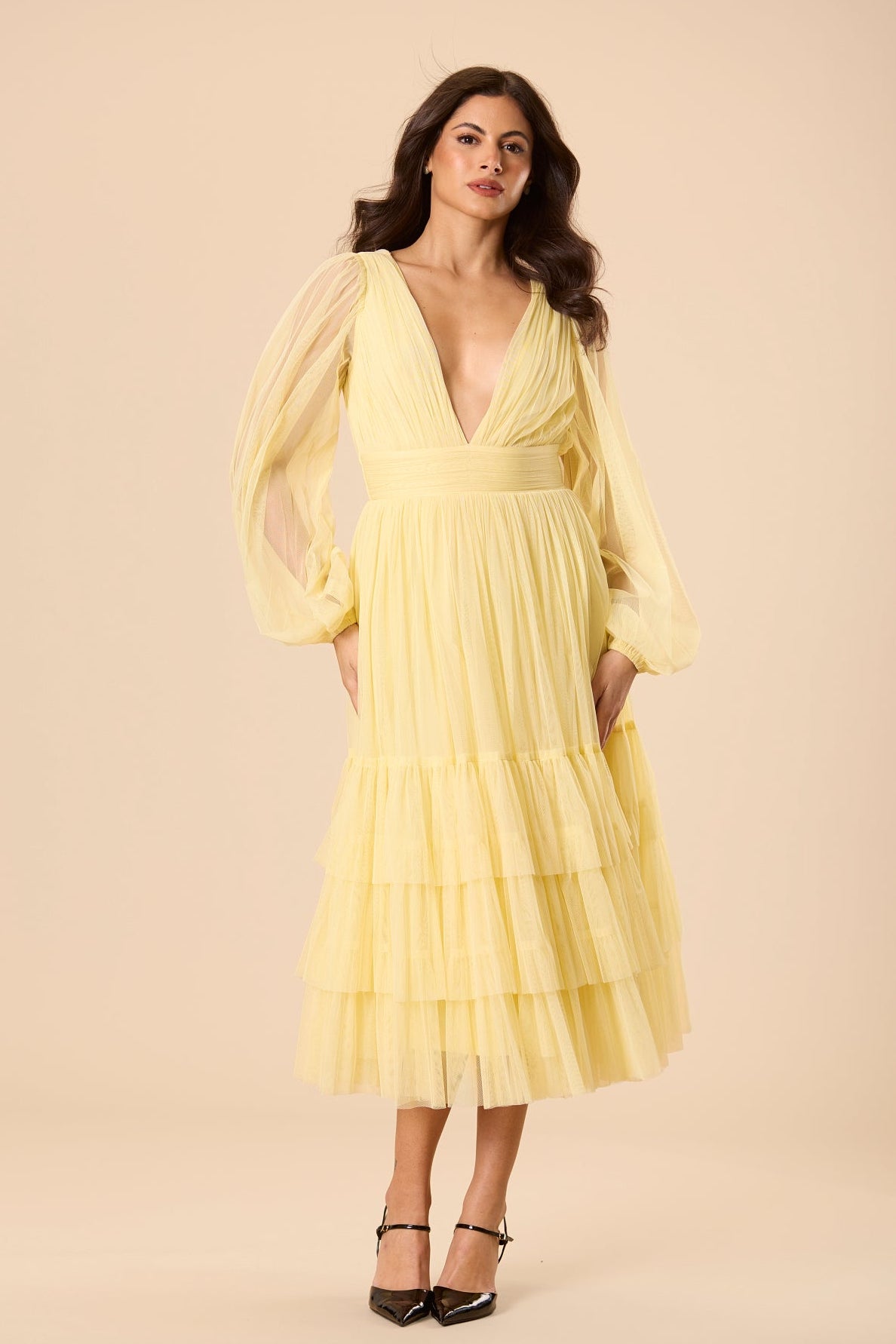 Madison Long Sleeve Tulle Midi Dress in Buttercup