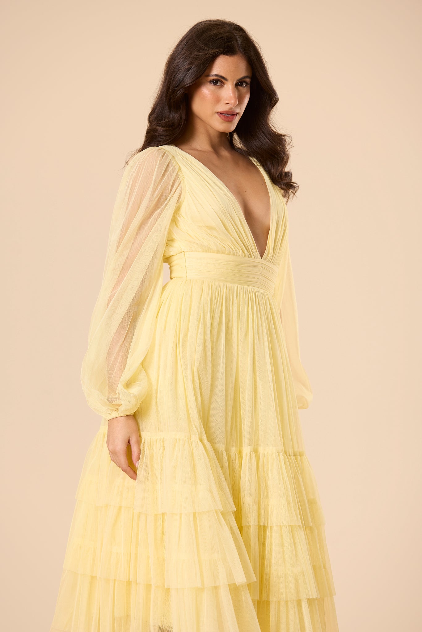 Madison Long Sleeve Tulle Midi Dress in Buttercup