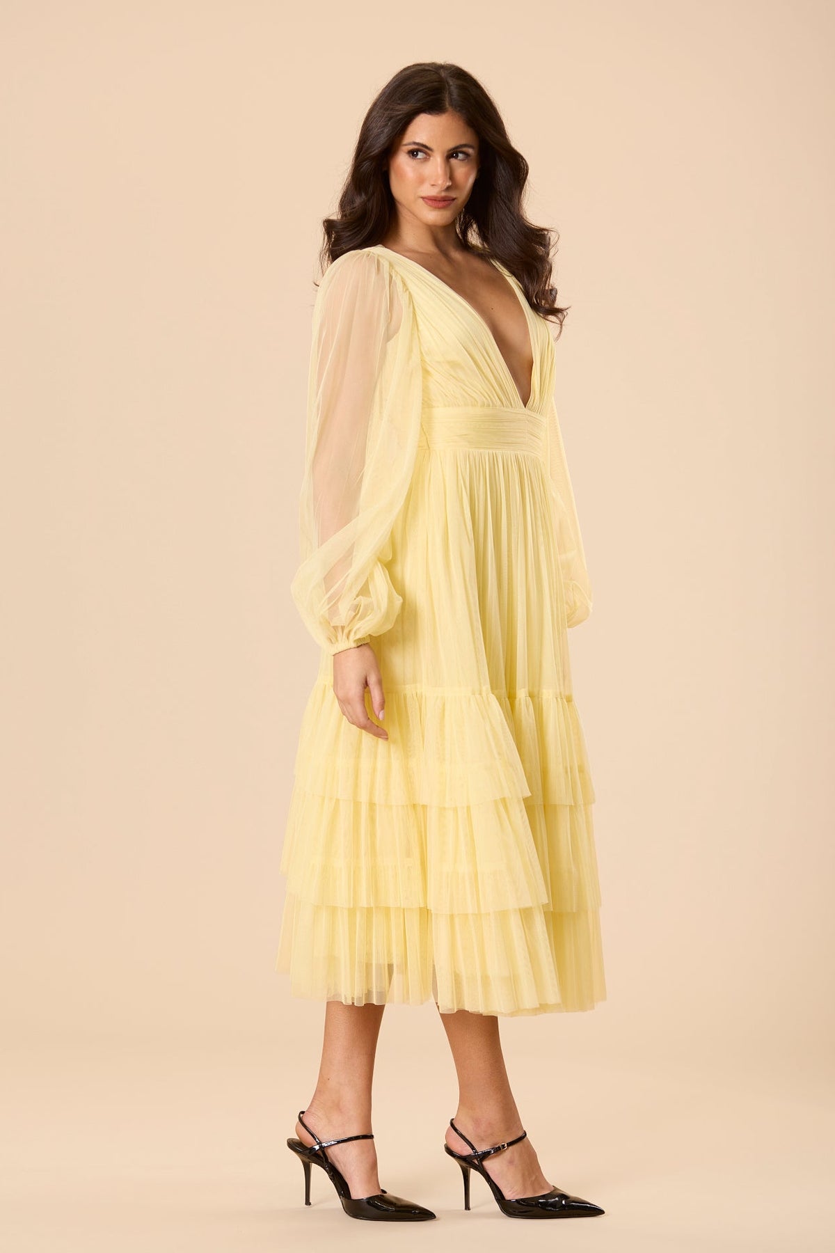 Madison Long Sleeve Tulle Midi Dress in Buttercup
