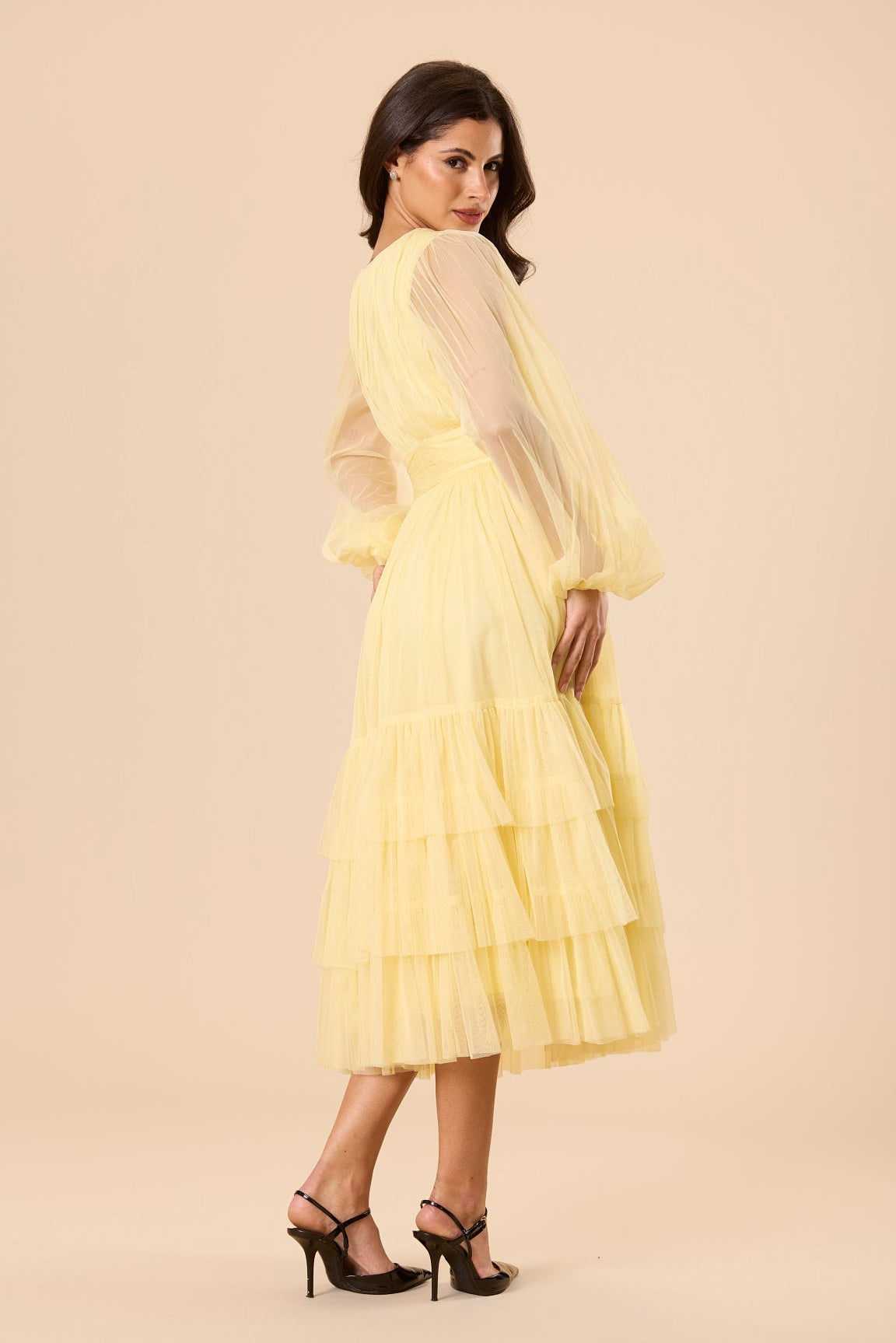 Madison Long Sleeve Tulle Midi Dress in Buttercup