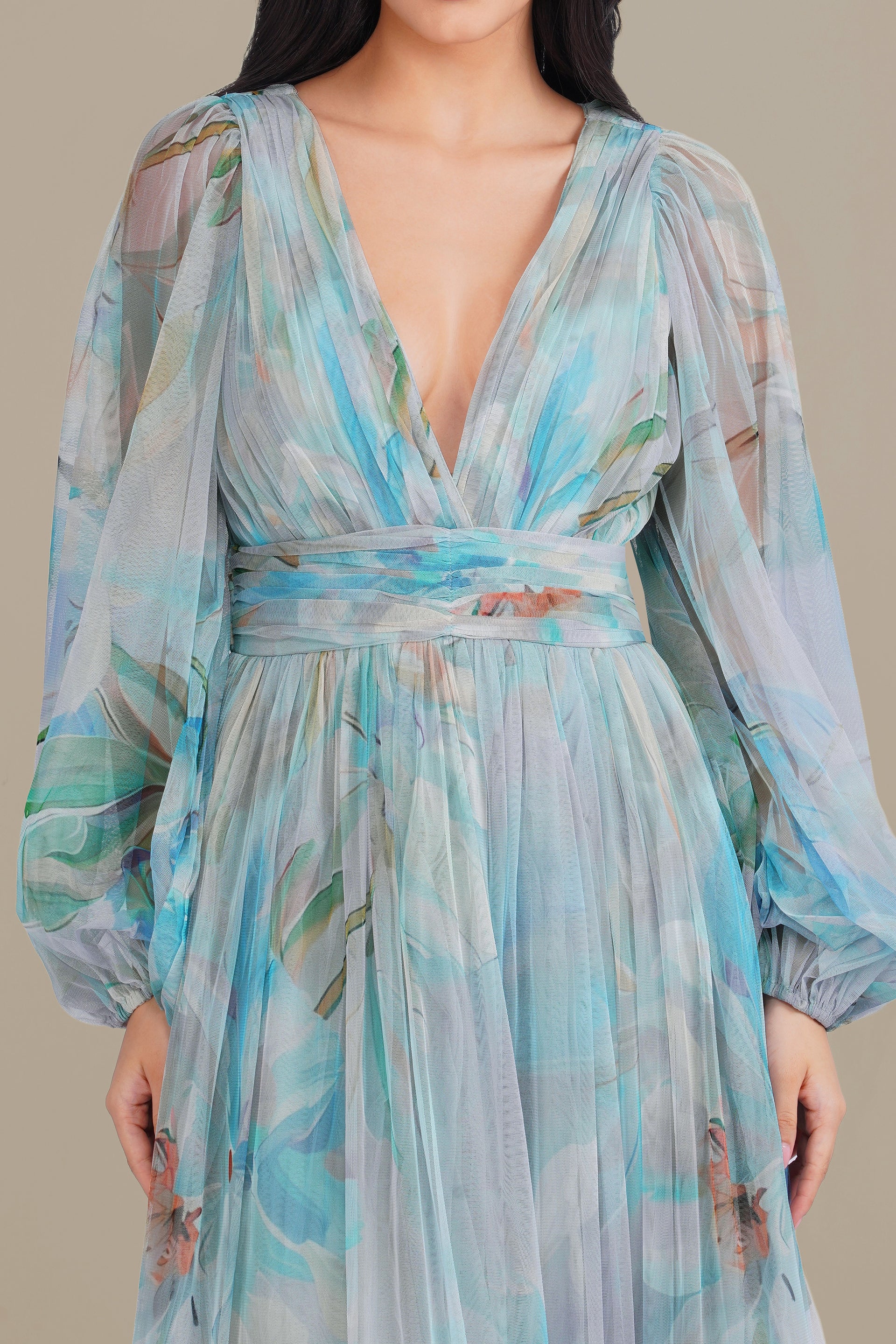 Long Sleeve Tulle Wrap Madison Maxi Dress in Blue Dahlia Print