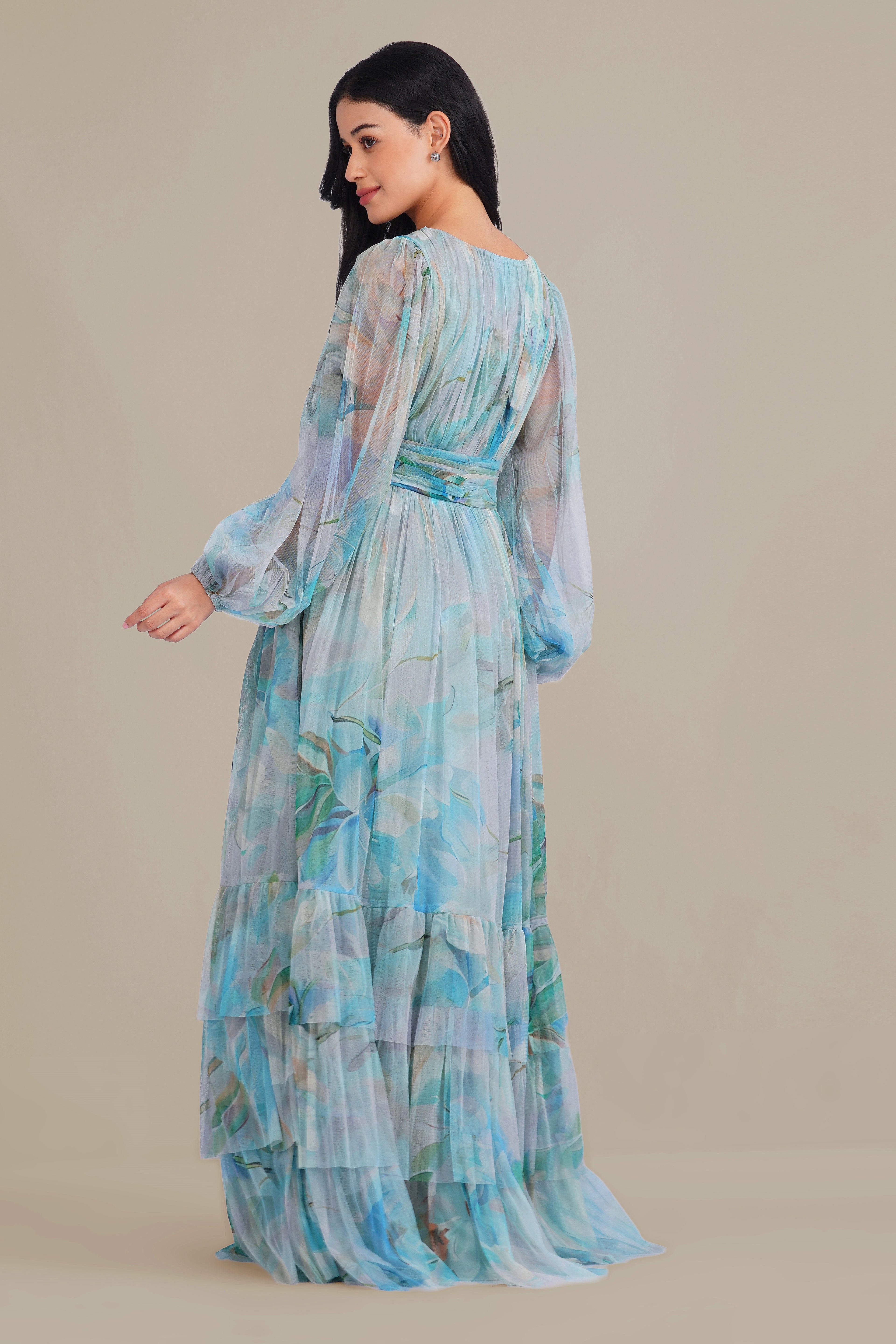 Long Sleeve Tulle Wrap Madison Maxi Dress in Blue Dahlia Print