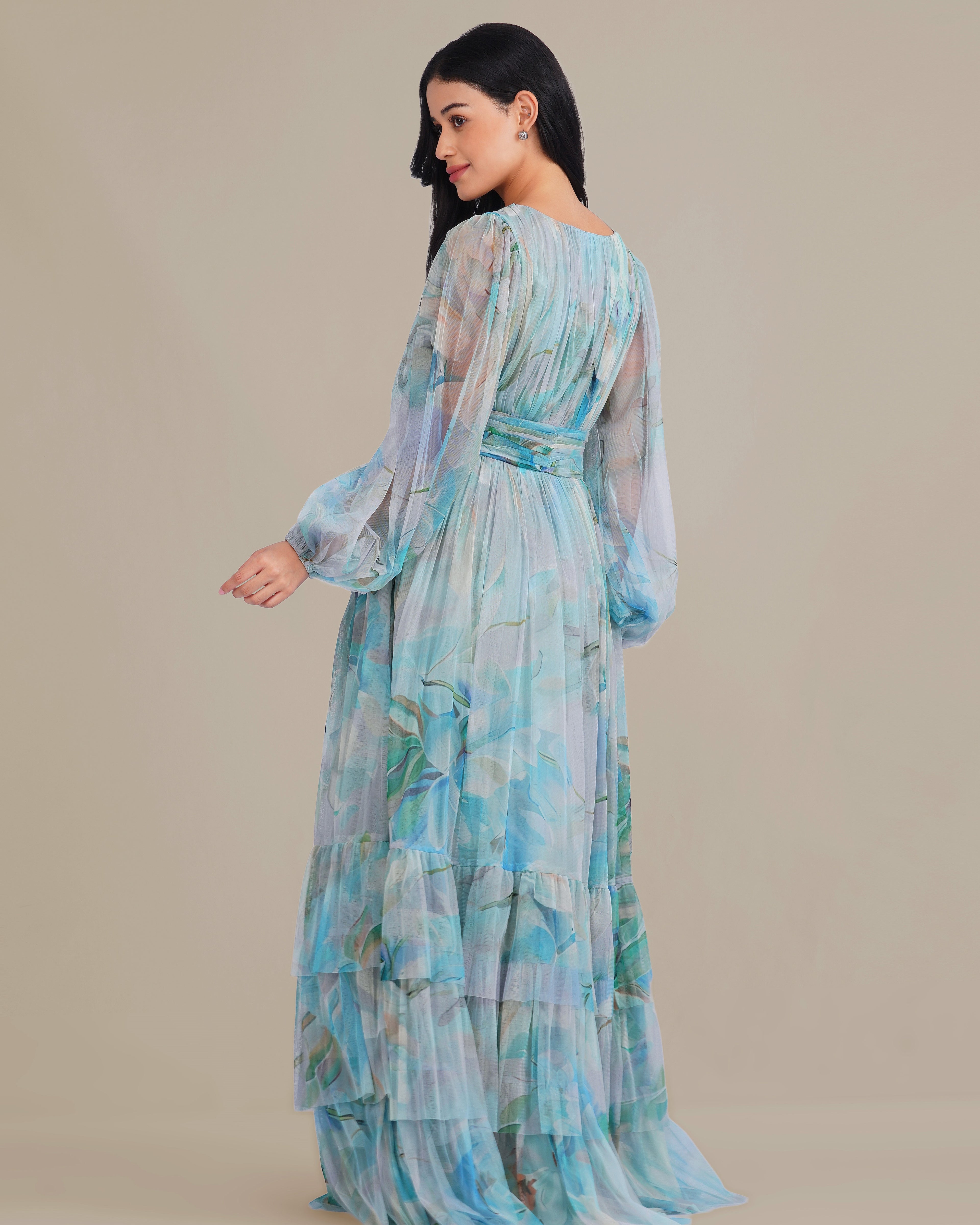 Long Sleeve Tulle Wrap Madison Maxi Dress in Blue Dahlia Print