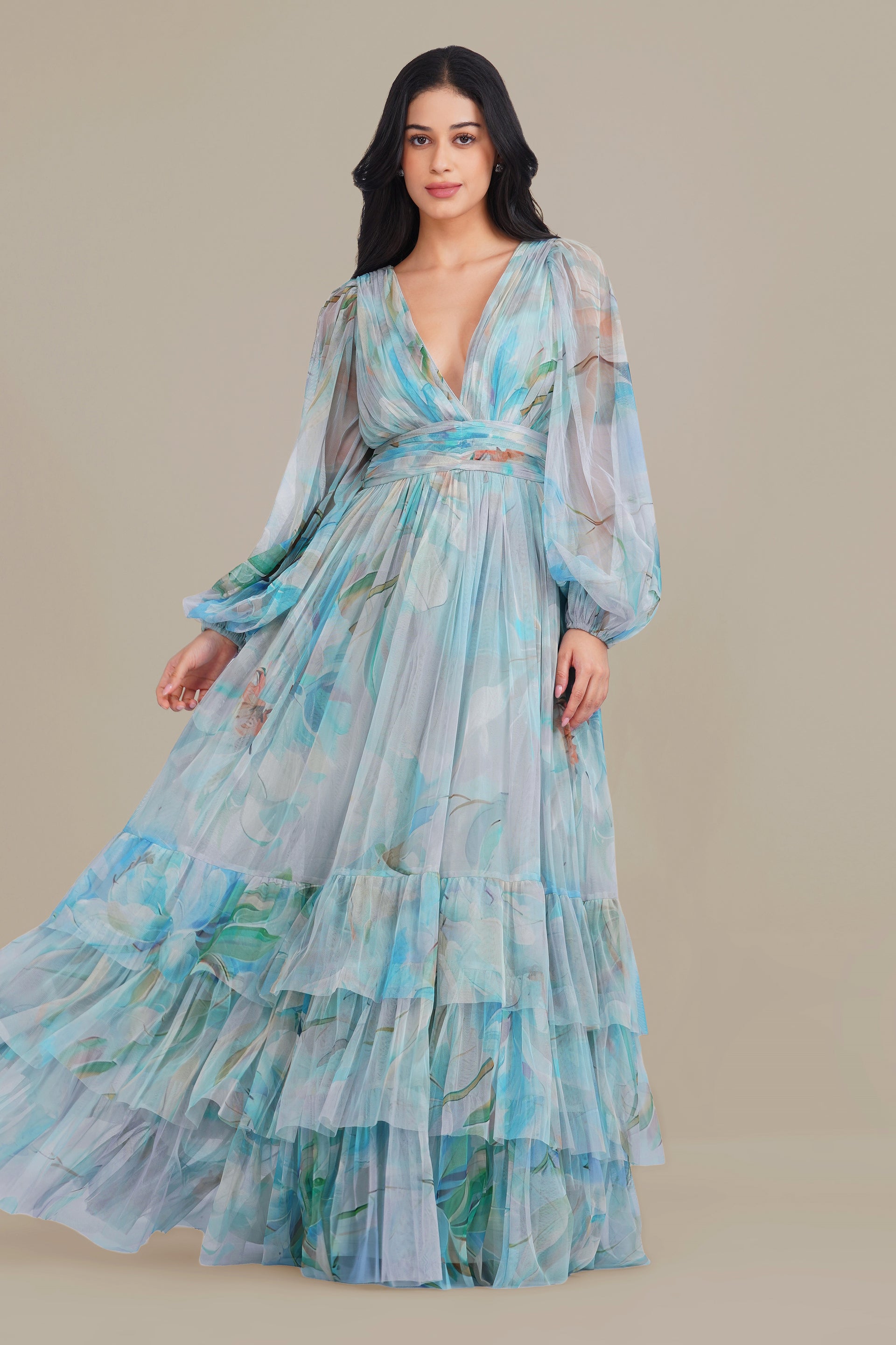 Long Sleeve Tulle Wrap Madison Maxi Dress in Blue Dahlia Print