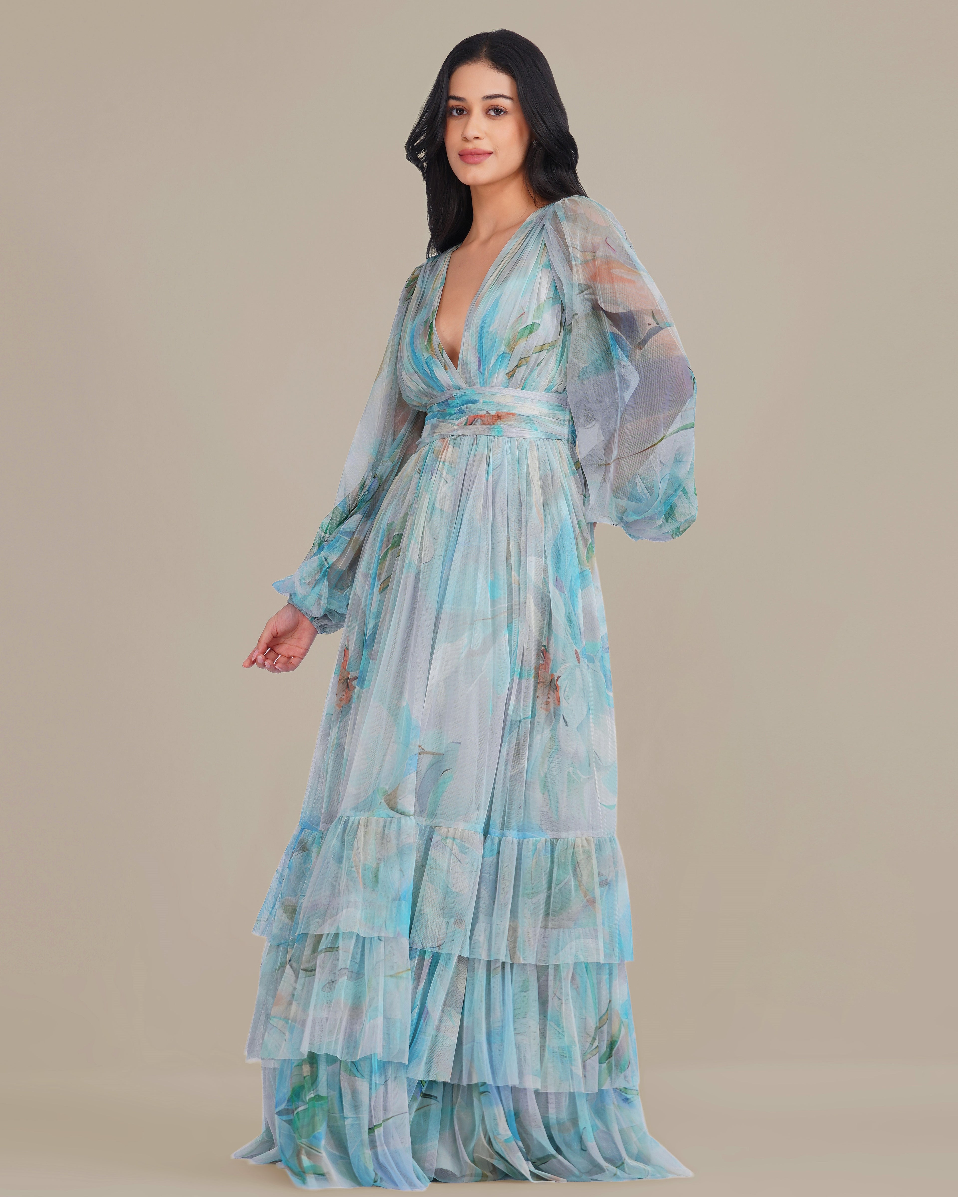 Long Sleeve Tulle Wrap Madison Maxi Dress in Blue Dahlia Print