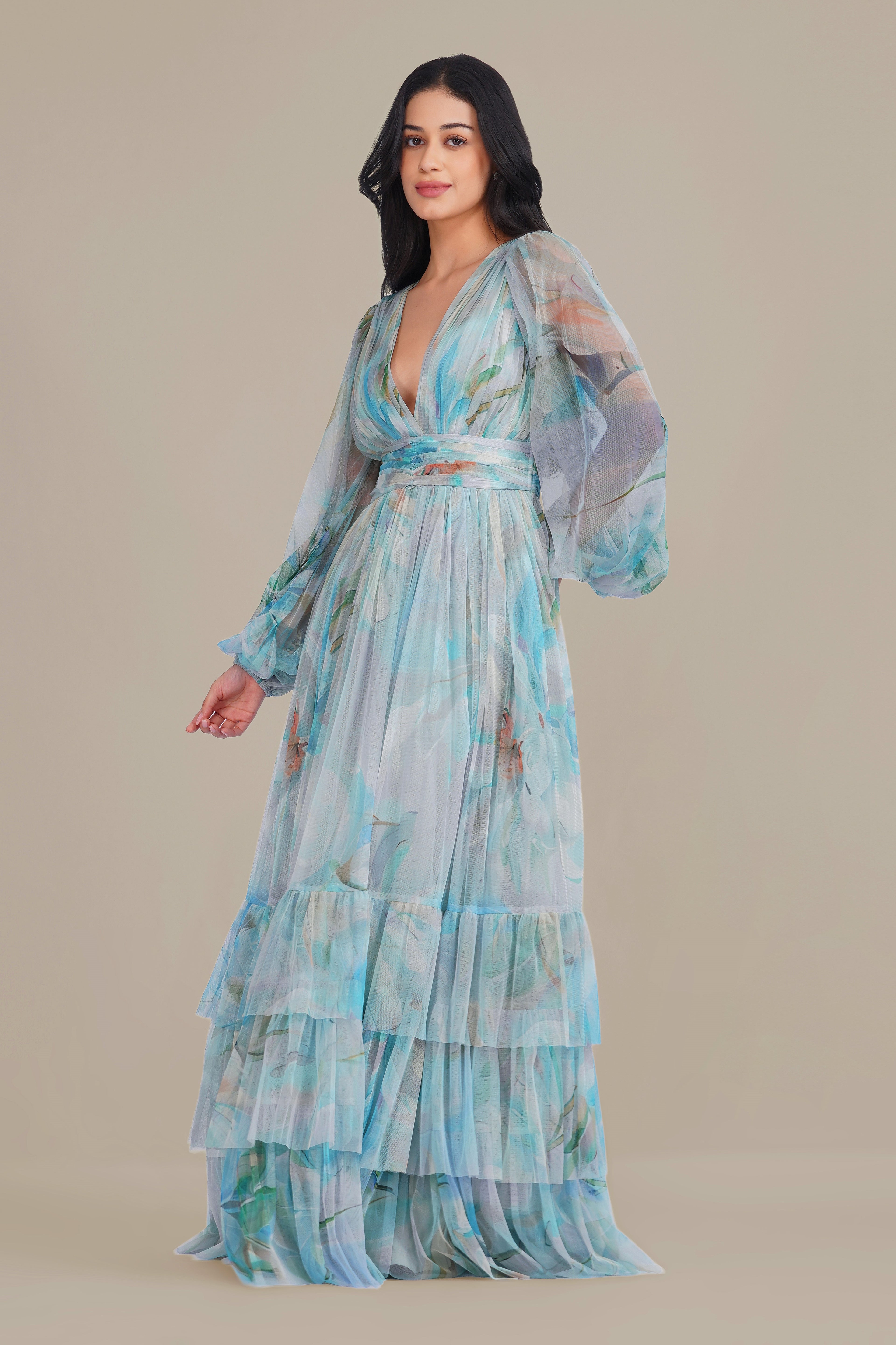 Long Sleeve Tulle Mesh Wedding Guest Occasion Formal Blue Floral