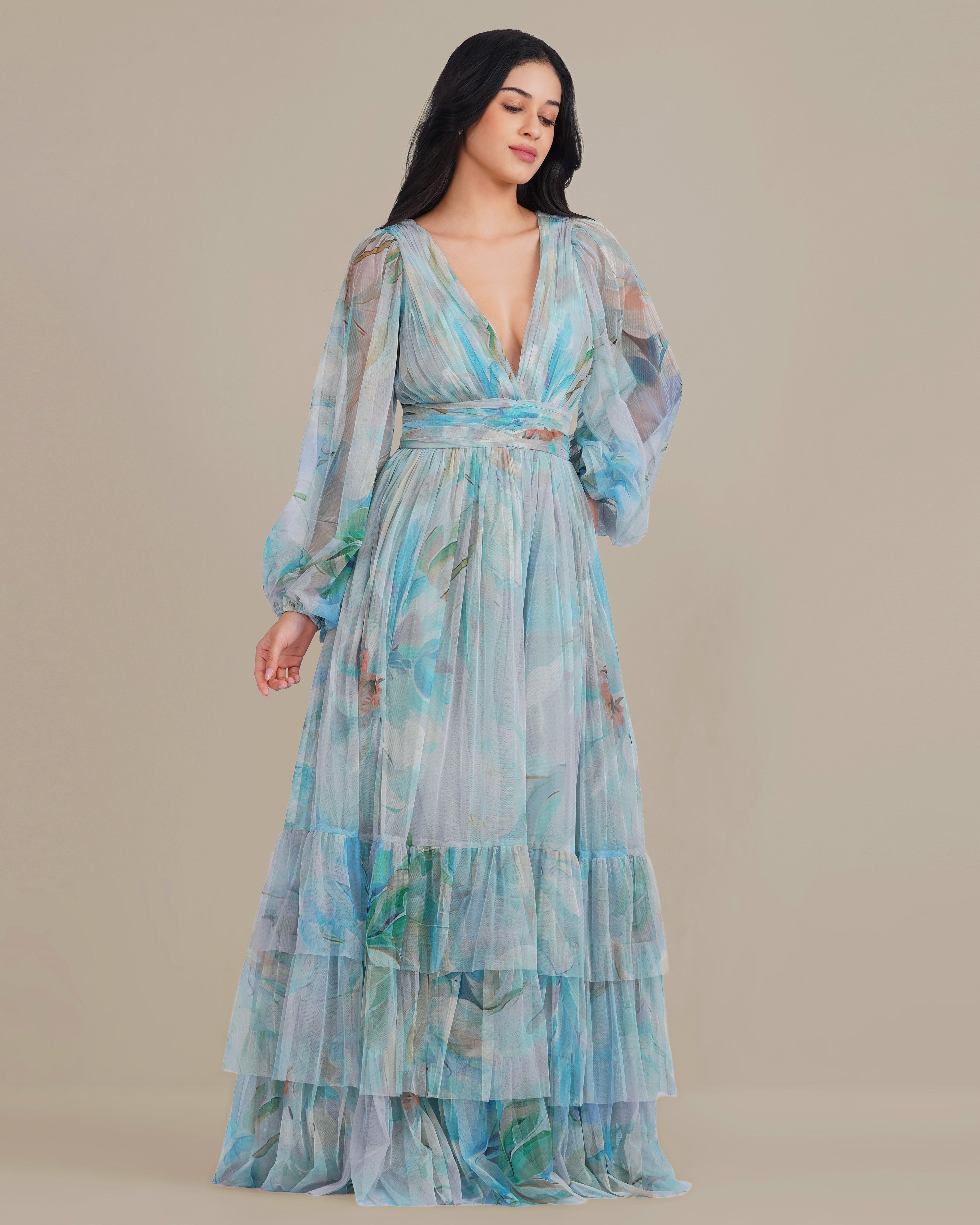 Long Sleeve Tulle Wrap Madison Maxi Dress in Blue Dahlia Print