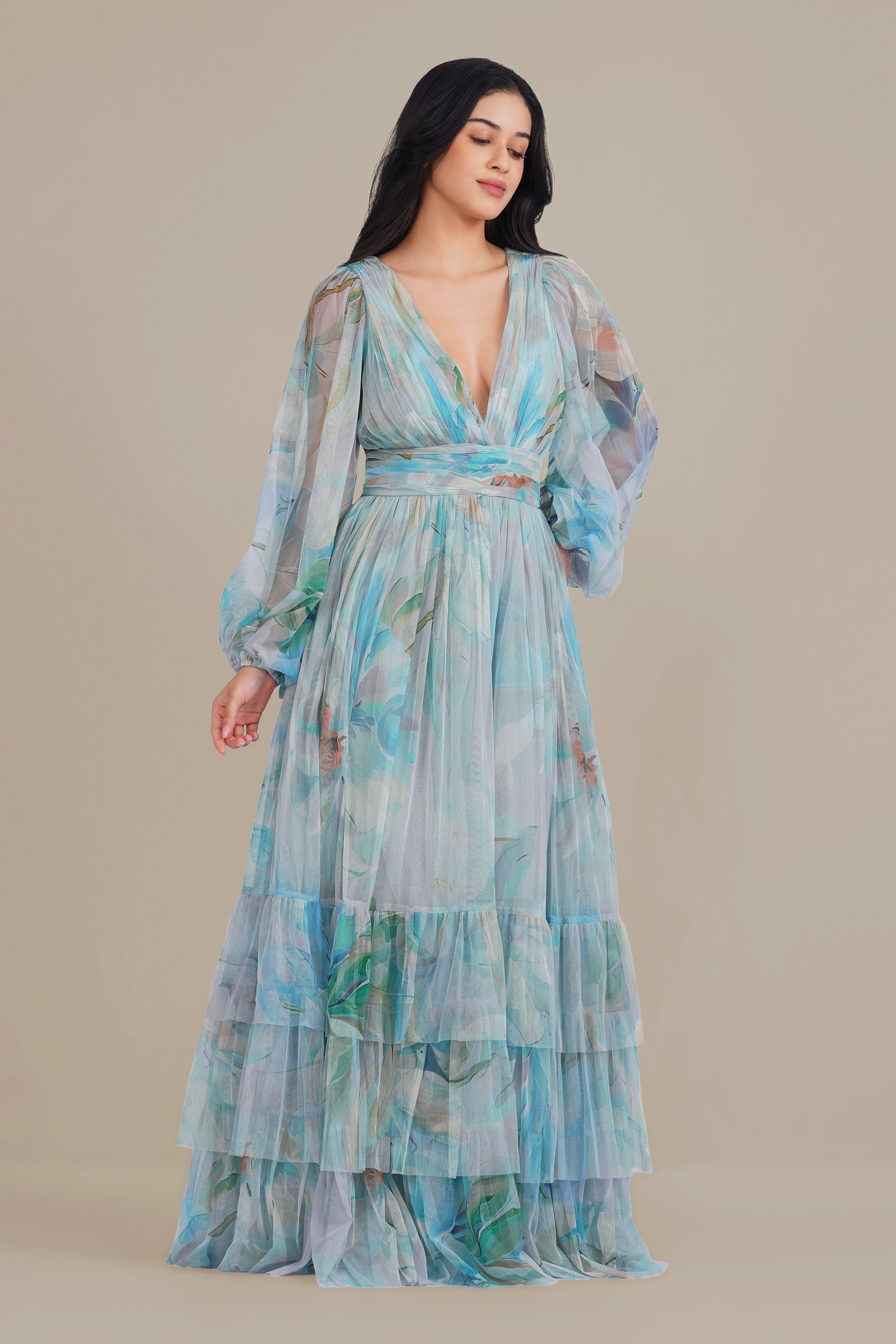 Long Sleeve Tulle Wrap Madison Maxi Dress in Blue Dahlia Print